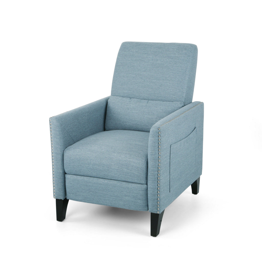 Fauteuil inclinable Davy Pushback, garniture cloutée, bois de bouleau, tissu bleu