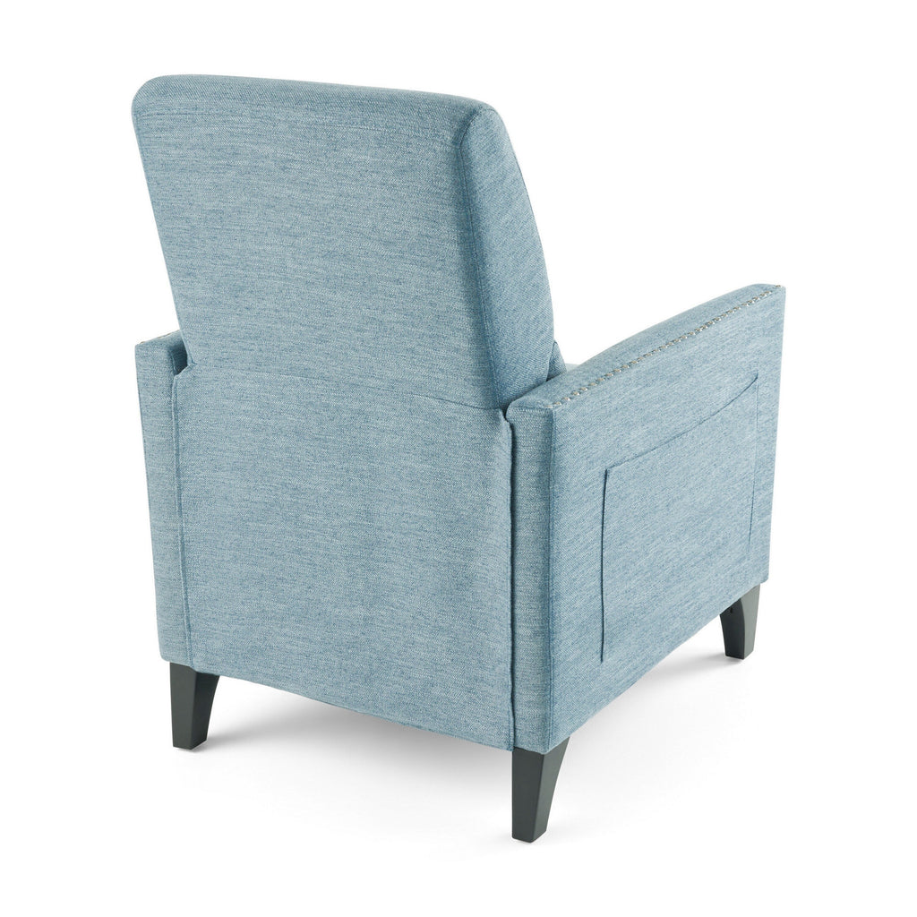 Fauteuil inclinable Davy Pushback, garniture cloutée, bois de bouleau, tissu bleu
