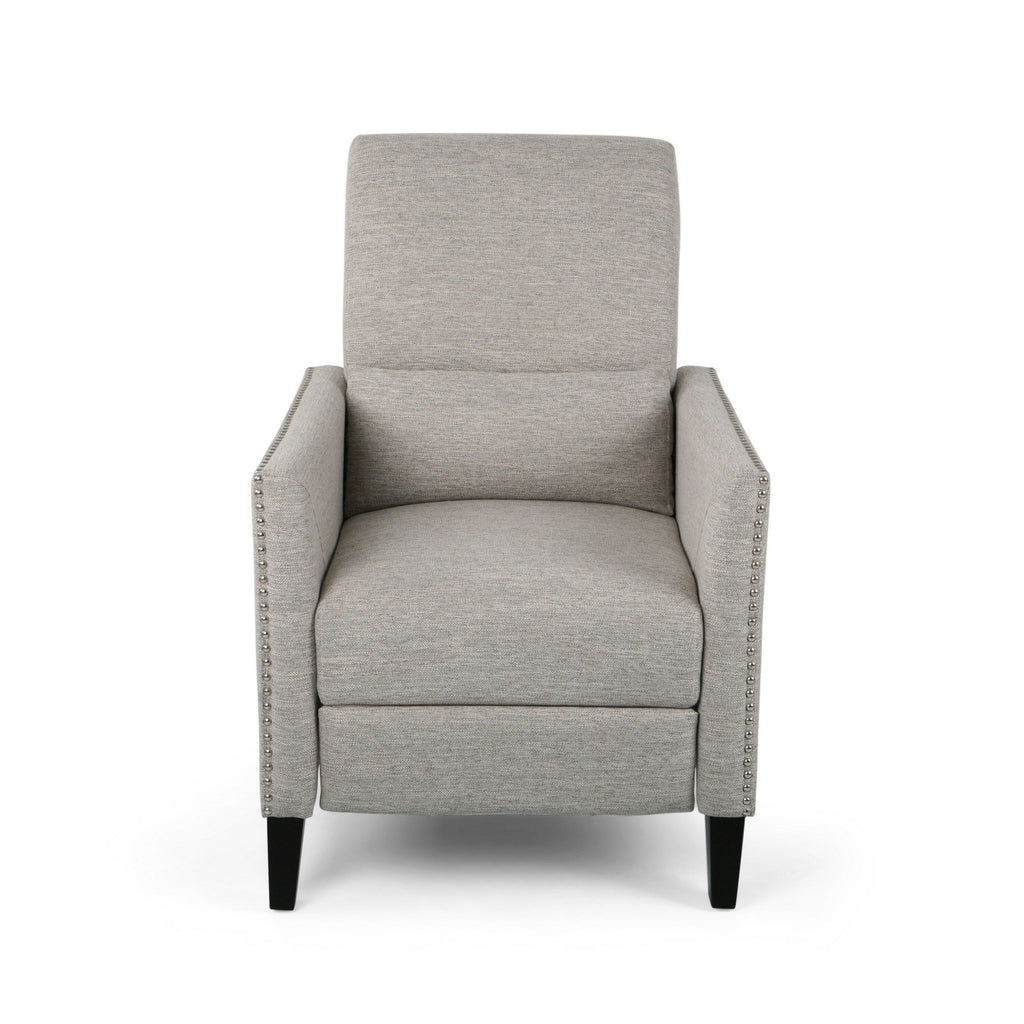 Fauteuil inclinable Davy Pushback, garniture cloutée, bois de bouleau, tissu gris