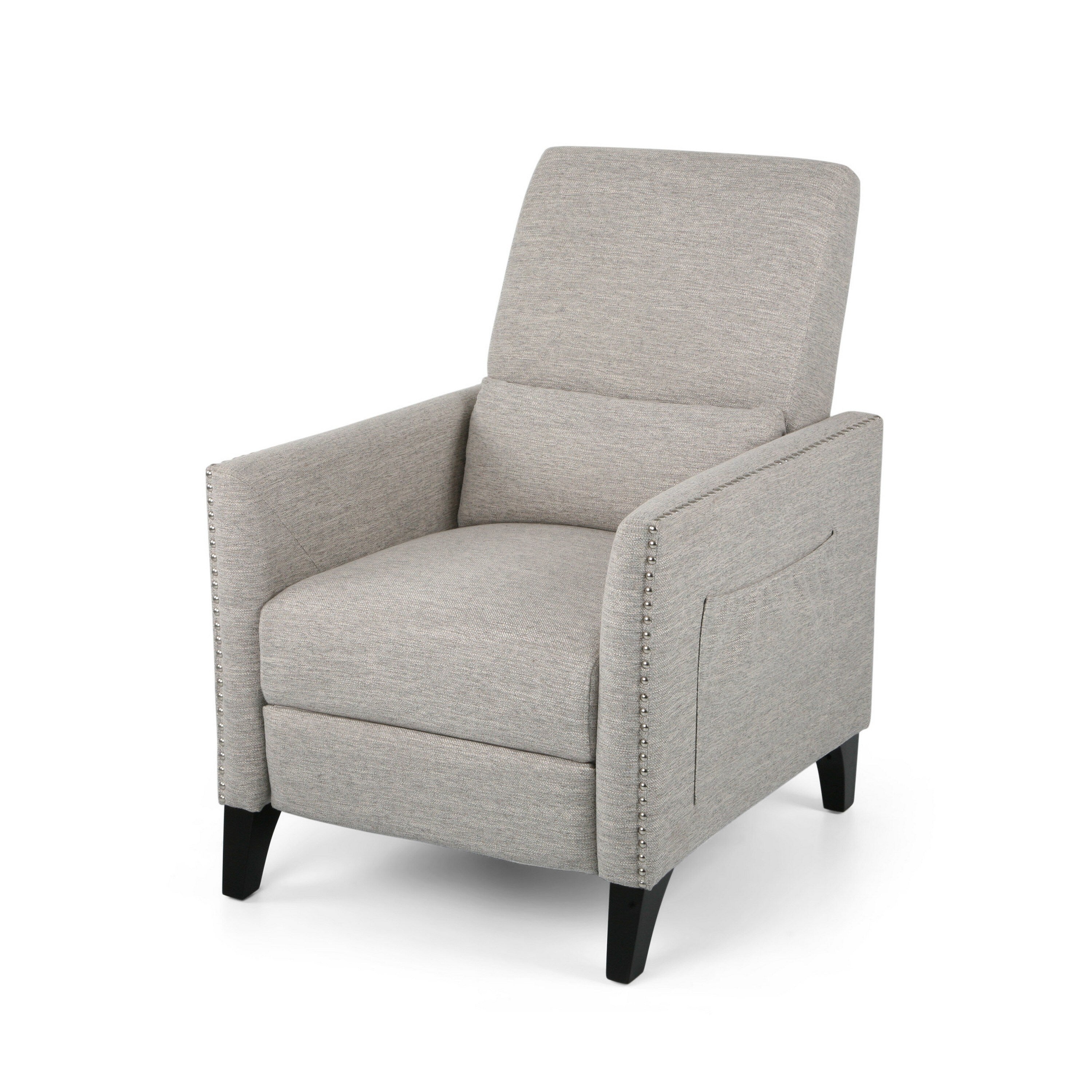 Fauteuil inclinable Davy Pushback, garniture cloutée, bois de bouleau, tissu gris