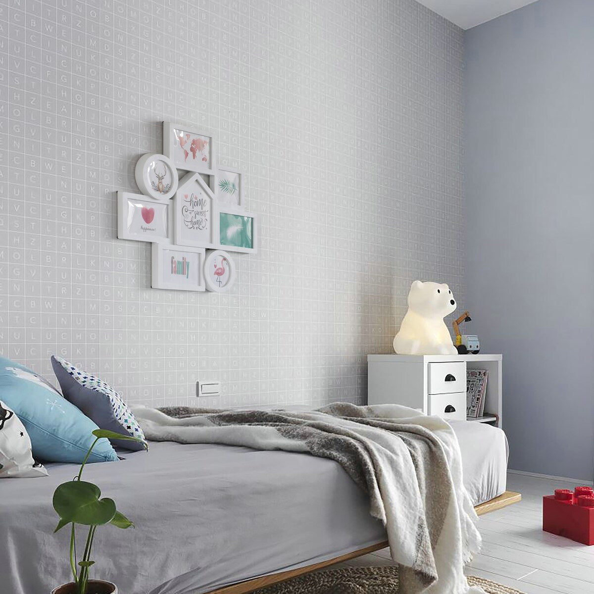 Cadre photo mural décoratif moderne pour 8 photos, plusieurs tailles, blanc