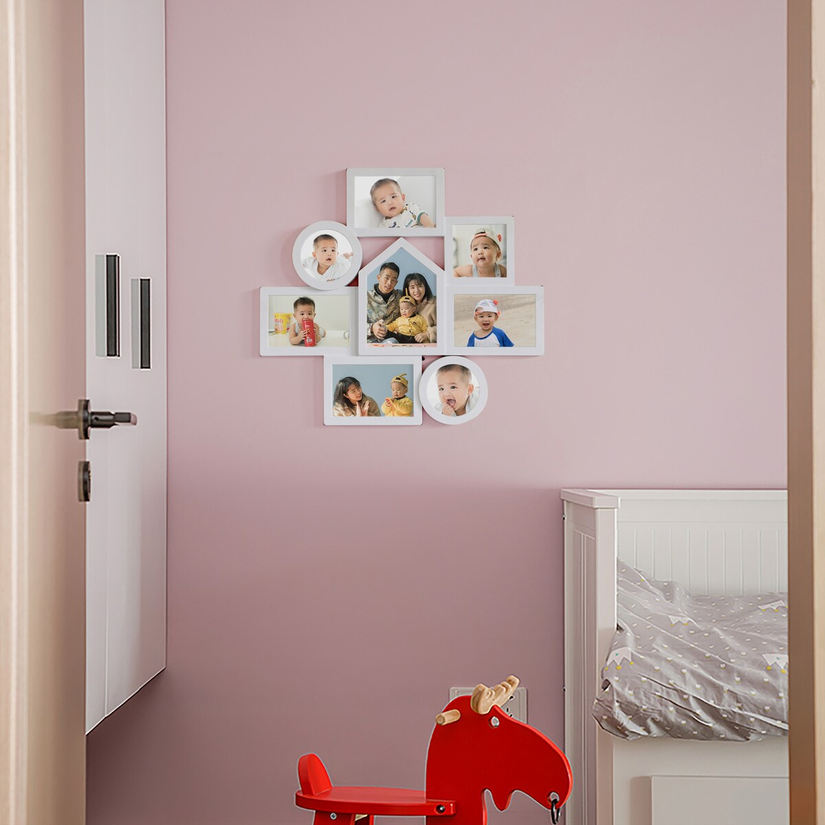 Cadre photo mural décoratif moderne pour 8 photos, plusieurs tailles, blanc