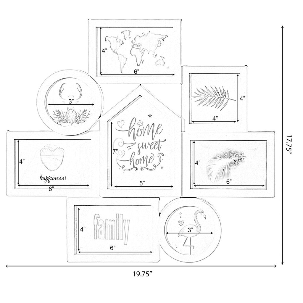 Cadre photo mural décoratif moderne pour 8 photos, plusieurs tailles, blanc