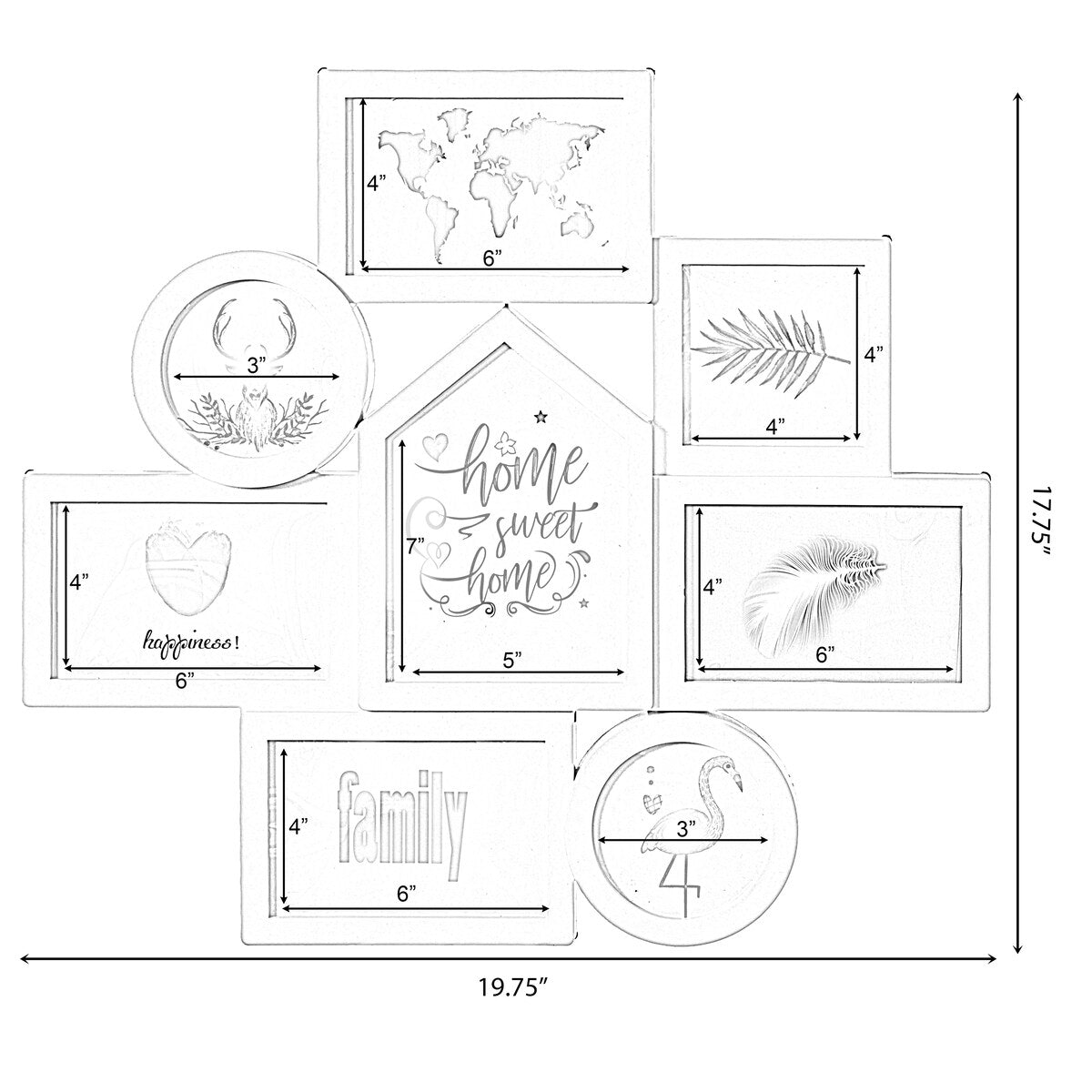 Cadre photo mural décoratif moderne pour 8 photos, plusieurs tailles, blanc