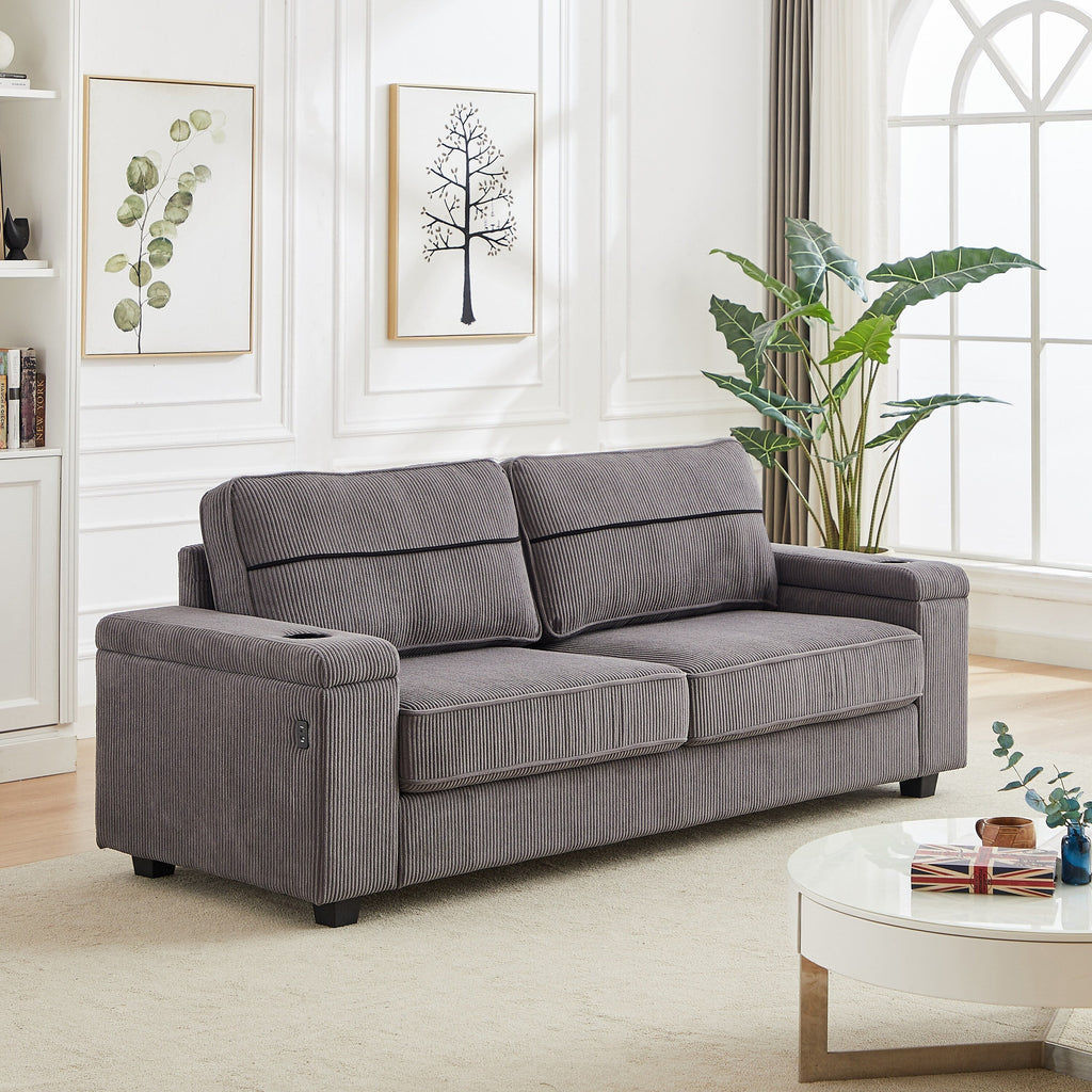 Canapé 86,5 places à assise profonde avec rangement, chargement USB et porte-gobelets - Canapé confortable en velours côtelé