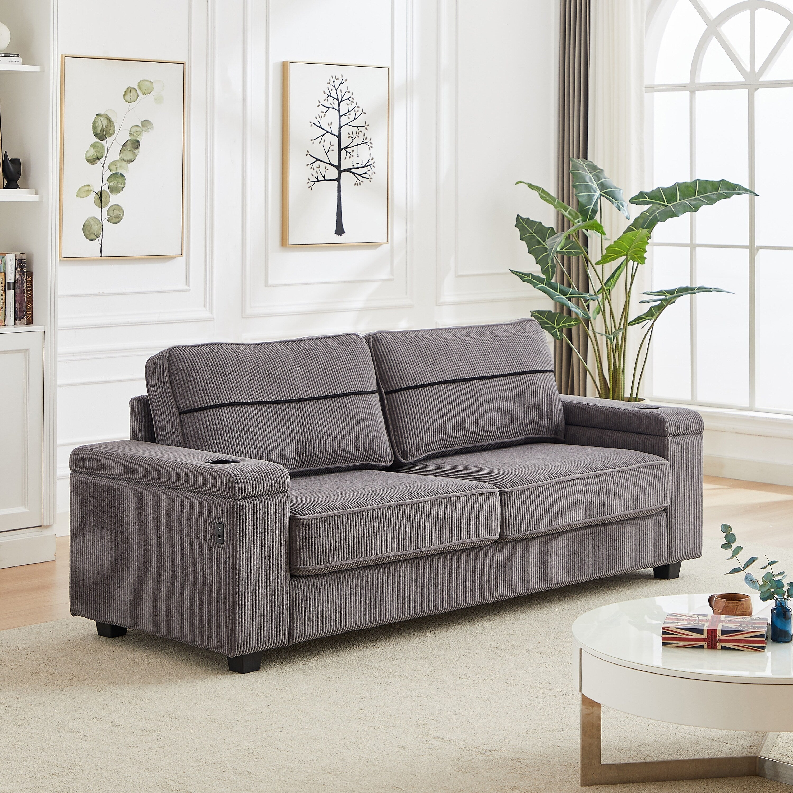 Canapé 86,5 places à assise profonde avec rangement, chargement USB et porte-gobelets - Canapé confortable en velours côtelé