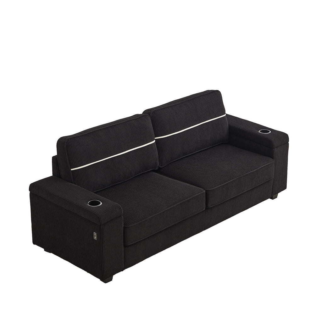 Canapé 86,5 places à assise profonde avec rangement, chargement USB et porte-gobelets - Canapé confortable en velours côtelé