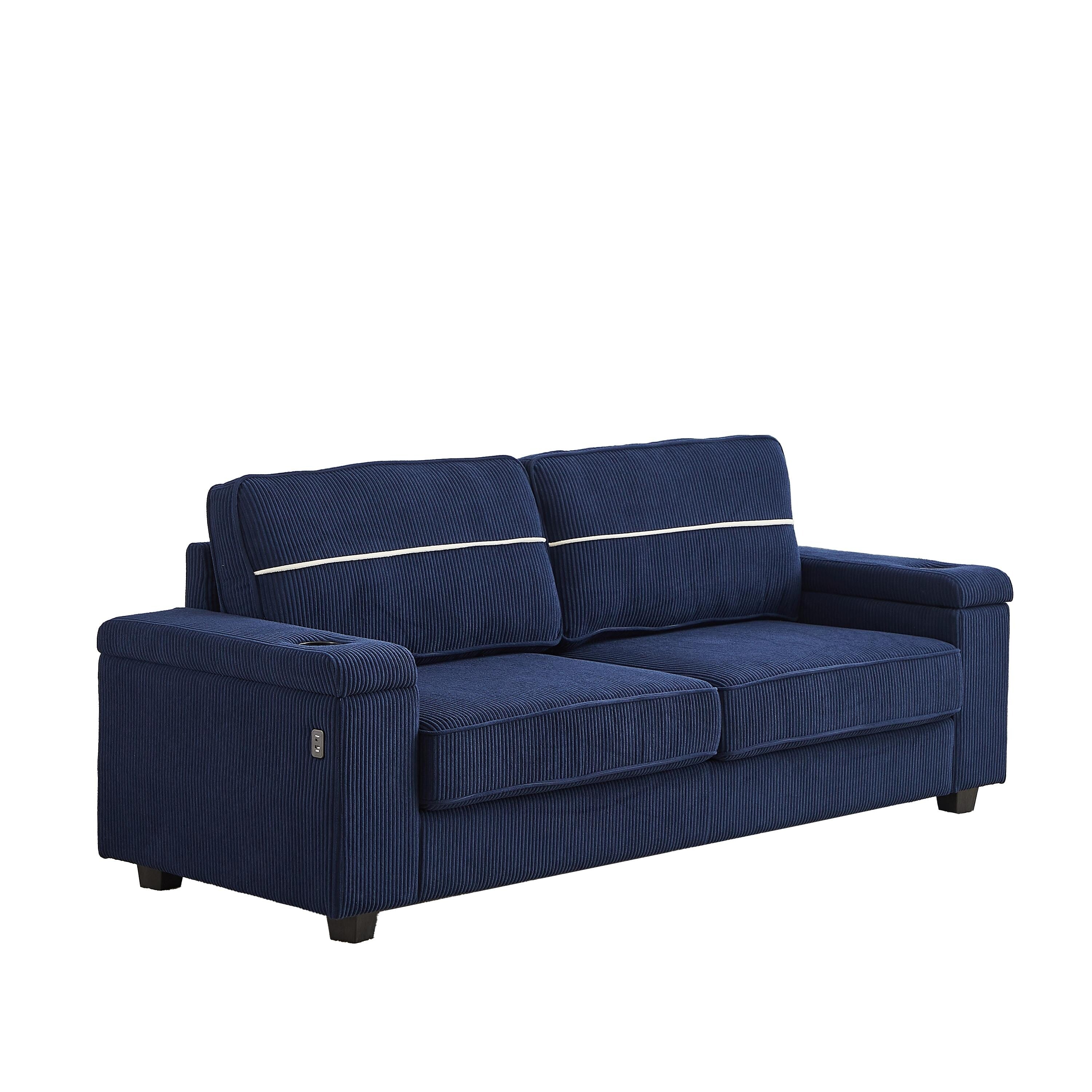 Canapé 86,5 places à assise profonde avec rangement, chargement USB et porte-gobelets - Canapé confortable en velours côtelé