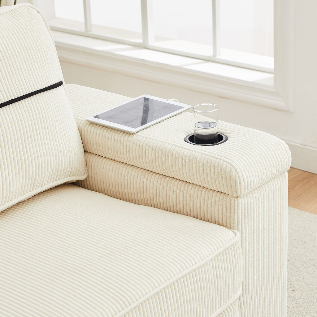 Canapé 86,5 places à assise profonde avec rangement, chargement USB et porte-gobelets - Canapé confortable en velours côtelé