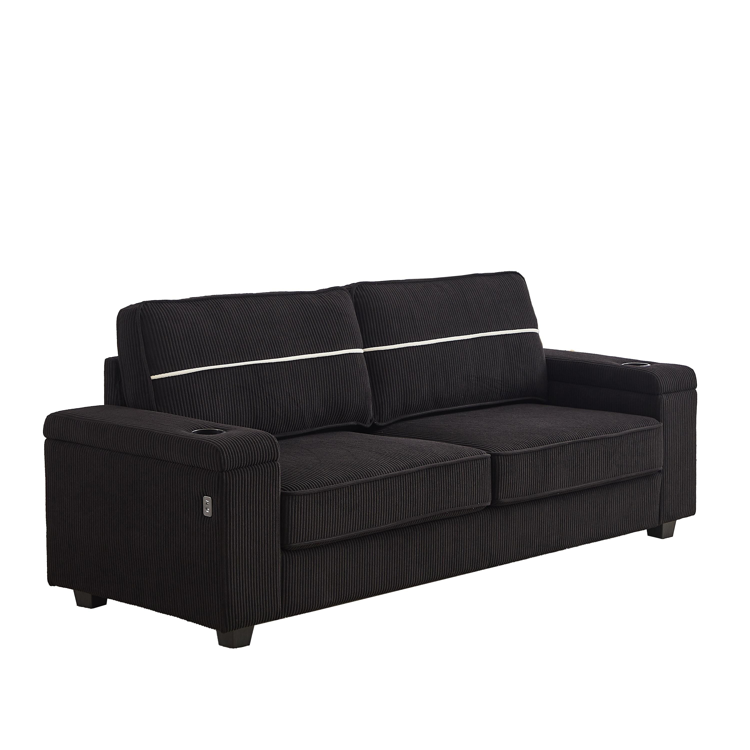 Canapé 86,5 places à assise profonde avec rangement, chargement USB et porte-gobelets - Canapé confortable en velours côtelé