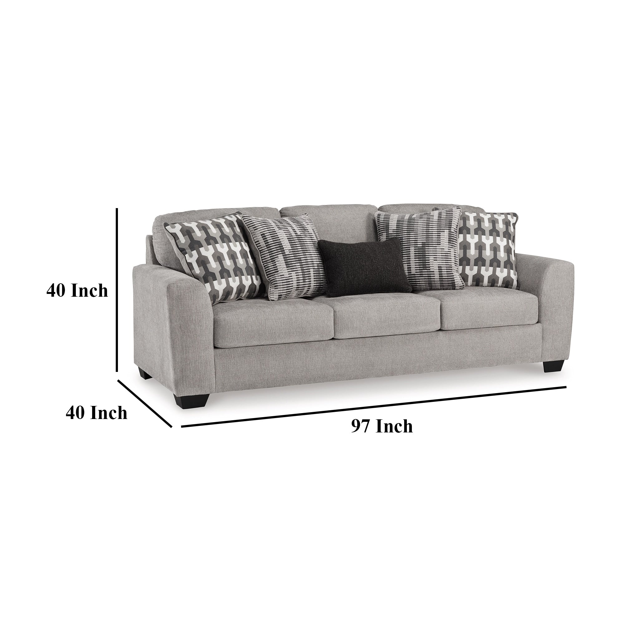 Canapé Delaney, polyester gris, 5 coussins décoratifs, noir, 246 cm