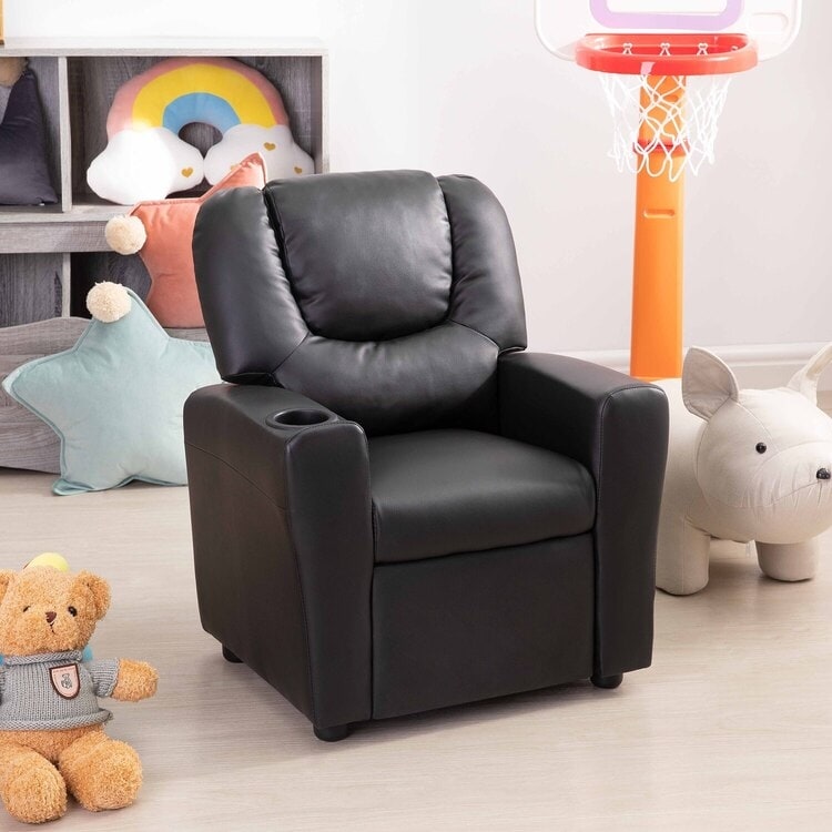 Fauteuil inclinable de luxe pour enfants avec repose-pieds, appui-tête et 2 porte-gobelets Fauteuil inclinable en microfibre pour enfants de 3 ans et plus