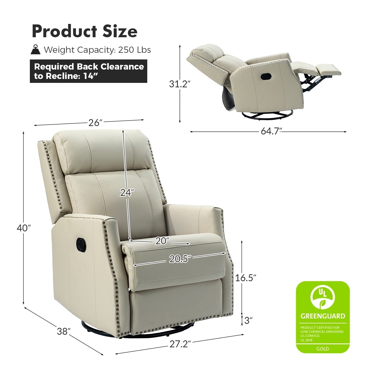 Lot de 2 chaises pivotantes modernes en cuir véritable Demeter pour chambre d'enfant avec garnitures cloutées par HULALA HOME