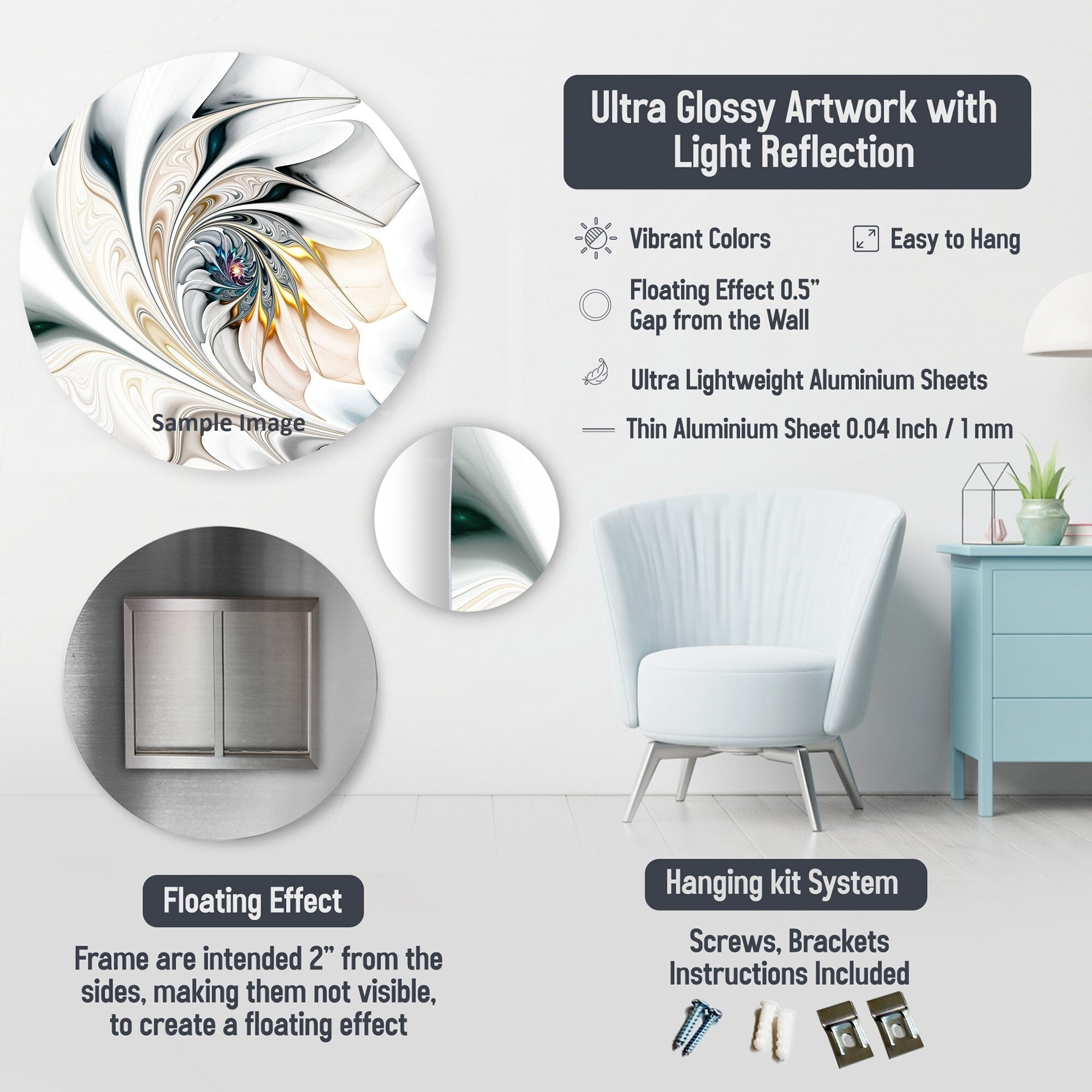 Designart Noir Blanc Marbré Dreamscape V Art Mural Rond Géométrique Moderne en Métal