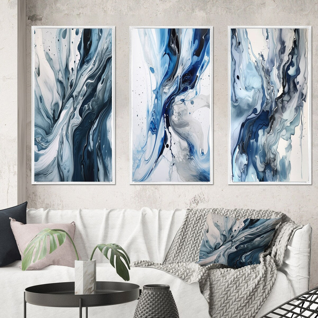 Designart Bleu et Gris Éthéré Elixir III Abstrait Art Mural Encadré Ensemble de 3 Cadres Toiles pour Décoration de Salon