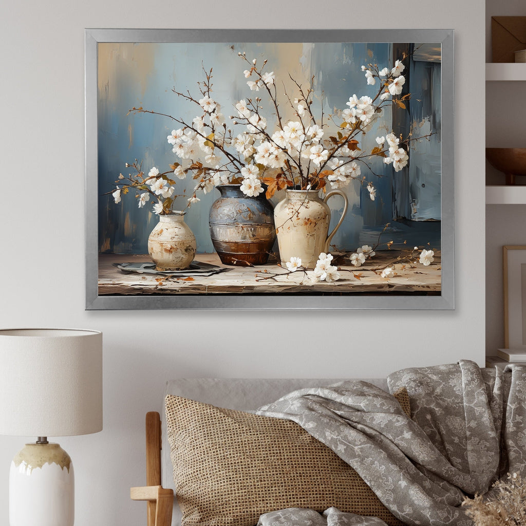 Impression sur toile encadrée Designart, nature morte avec poterie et fleurs, paysage et arbres