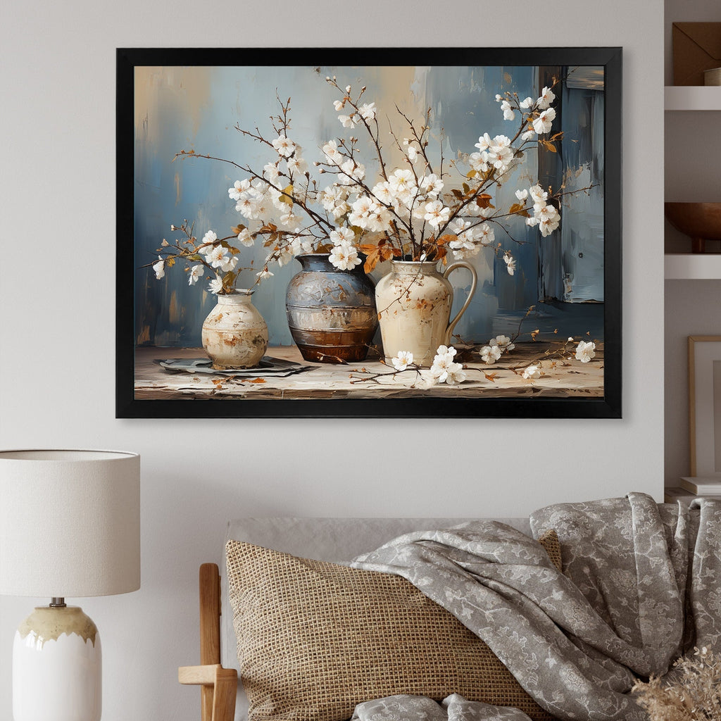 Impression sur toile encadrée Designart, nature morte avec poterie et fleurs, paysage et arbres