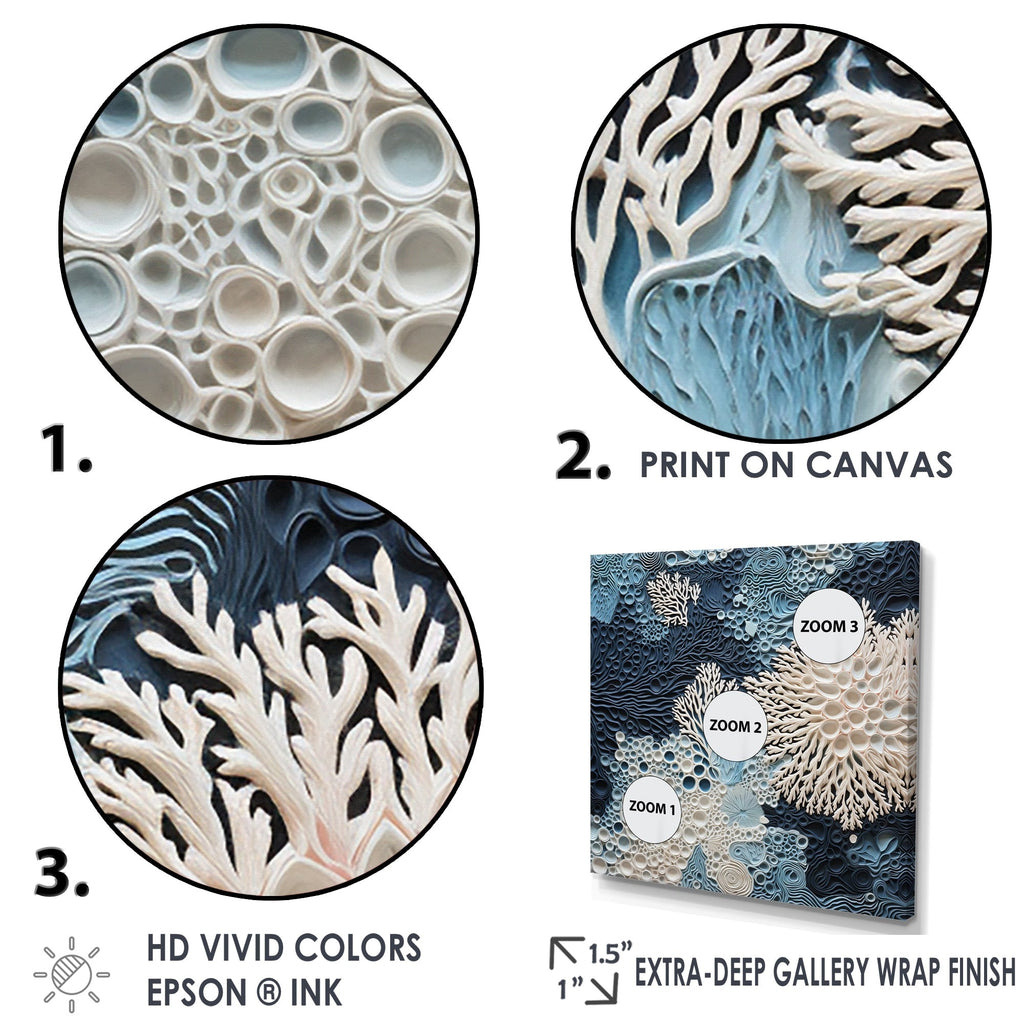 Designart Under Water Blue And White Corals Collage Coastal Framed Wall Art