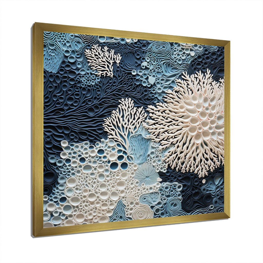 Designart Under Water Blue And White Corals Collage Coastal Framed Wall Art