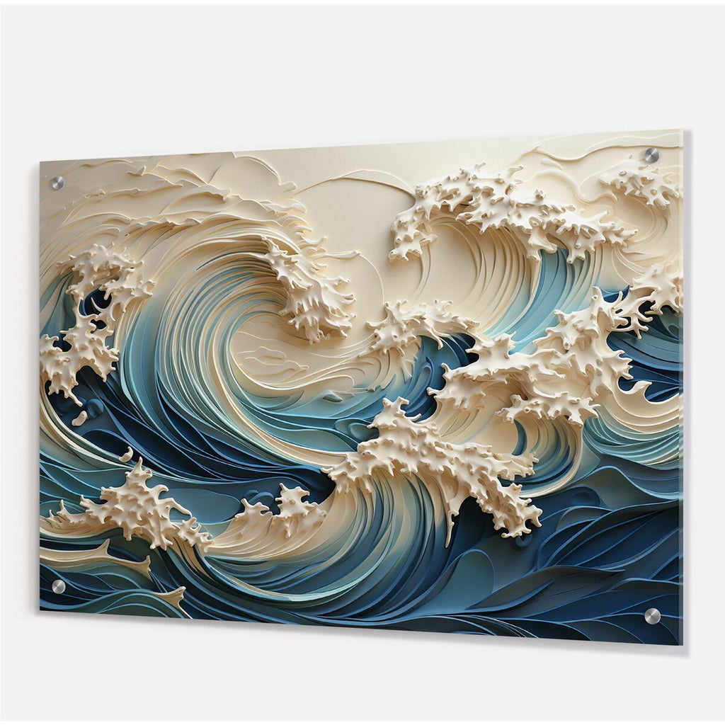 Décoration murale brillante Designart en papier découpé motif vagues blanches et bleues, style III, vagues côtières - Décoration murale en acrylique côtière pour chambre