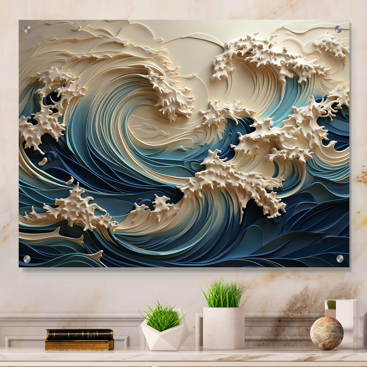 Décoration murale brillante Designart en papier découpé motif vagues blanches et bleues, style III, vagues côtières - Décoration murale en acrylique côtière pour chambre