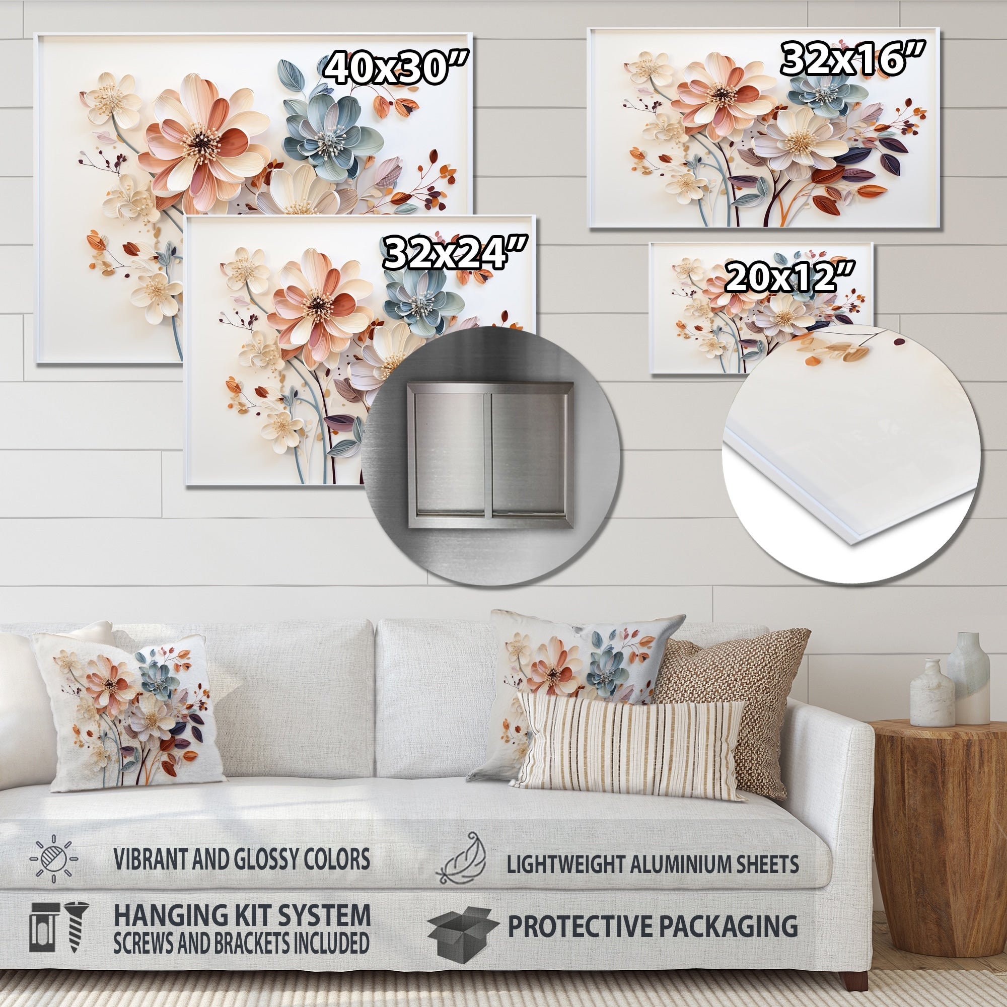 Designart Collage botanique blanc Art mural botanique abstrait en métal pour salon