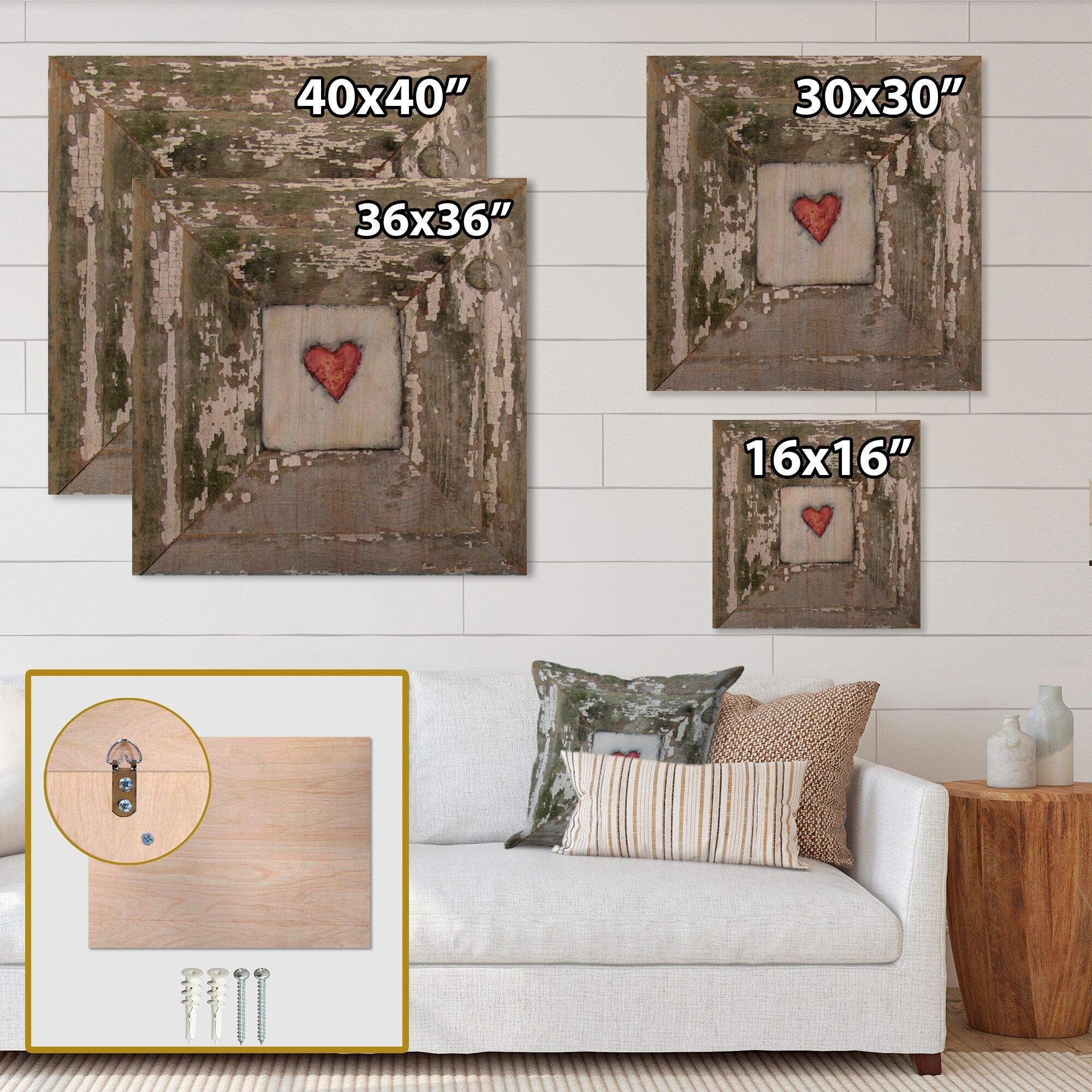 Décoration murale vintage en bois « Hearts » Desire, blanc vieilli, Designart - Bois de pin naturel