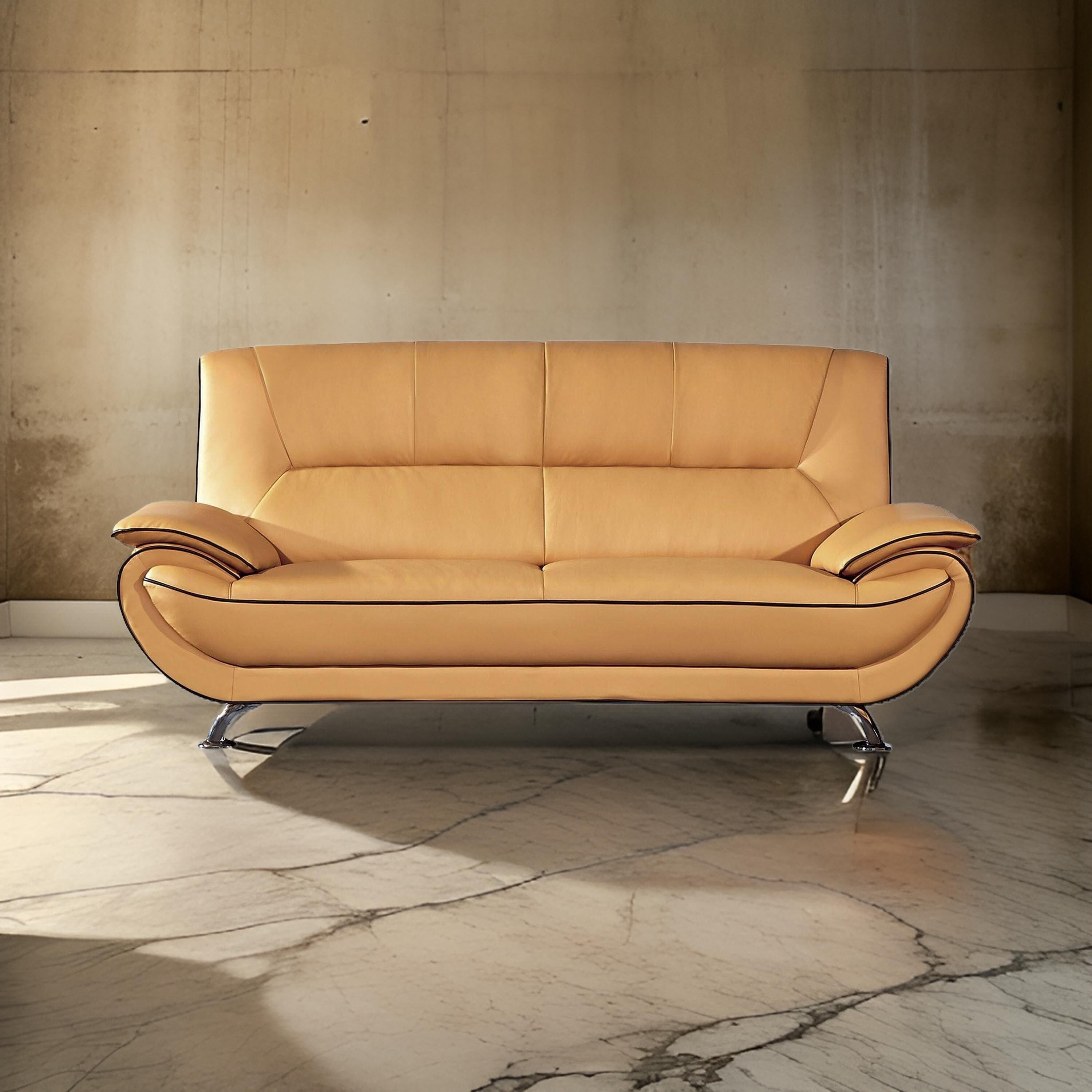 Canapé Diana, cuir véritable noir et jaune, accoudoirs coussinés, chrome, 210 cm