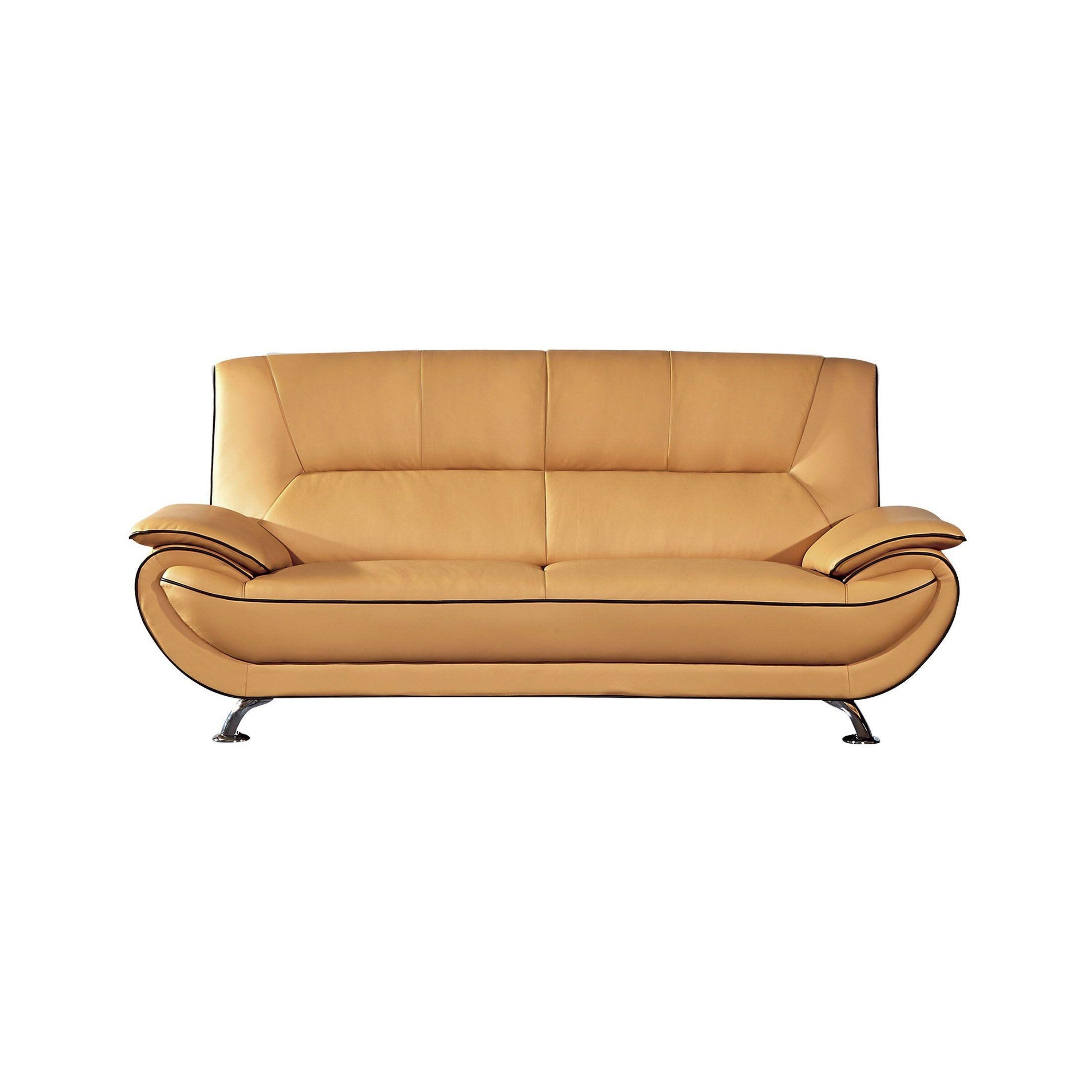 Canapé Diana, cuir véritable noir et jaune, accoudoirs coussinés, chrome, 210 cm