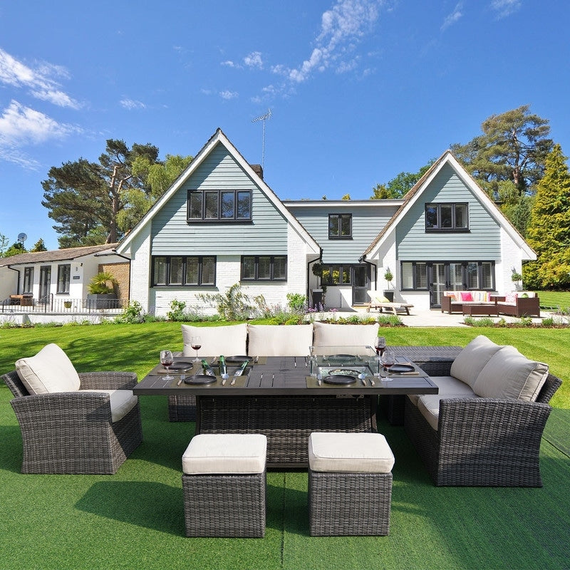 Ensemble de canapés de patio 7 pièces avec foyer et table à manger avec bac à glaçons