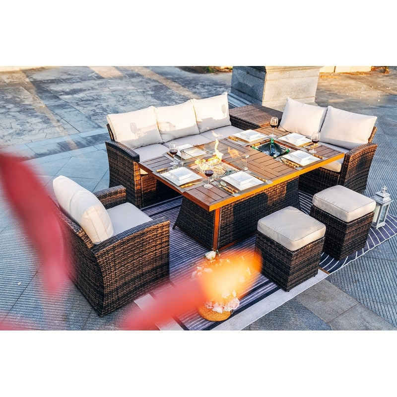 Ensemble de canapés de patio 7 pièces avec foyer et table à manger avec bac à glaçons