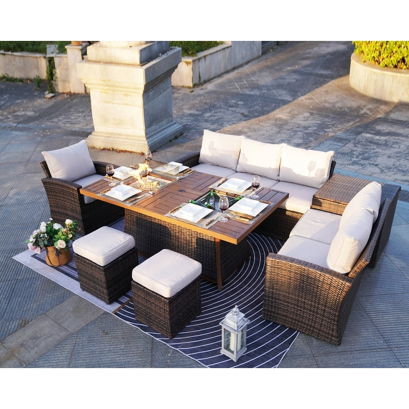 Ensemble de canapés de patio 7 pièces avec foyer et table à manger avec bac à glaçons