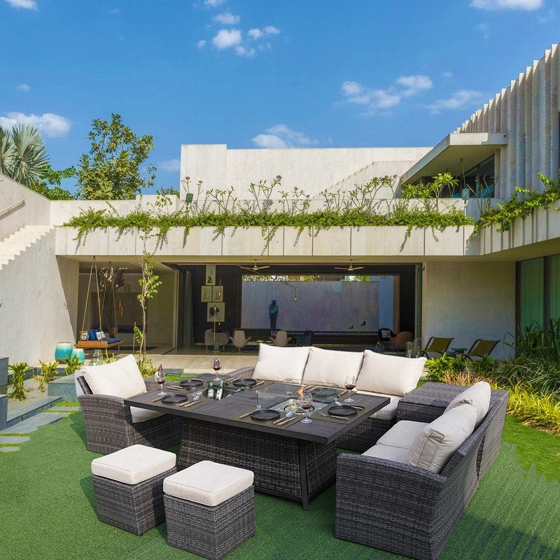 Ensemble de canapés de patio 7 pièces avec foyer et table à manger avec bac à glaçons