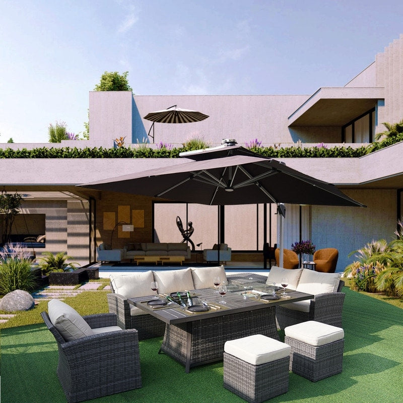 Ensemble de canapés de patio 7 pièces avec foyer et table à manger avec bac à glaçons