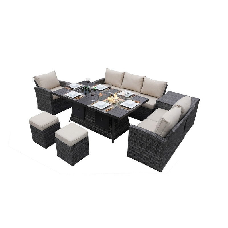 Ensemble de canapés de patio 7 pièces avec foyer et table à manger avec bac à glaçons