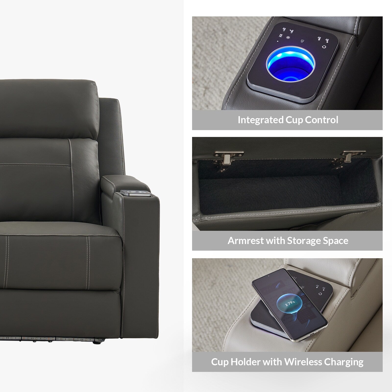 Canapé inclinable électrique Dolores 82,5 pouces de large en cuir véritable avec rangement et porte-gobelet par HULALA HOME