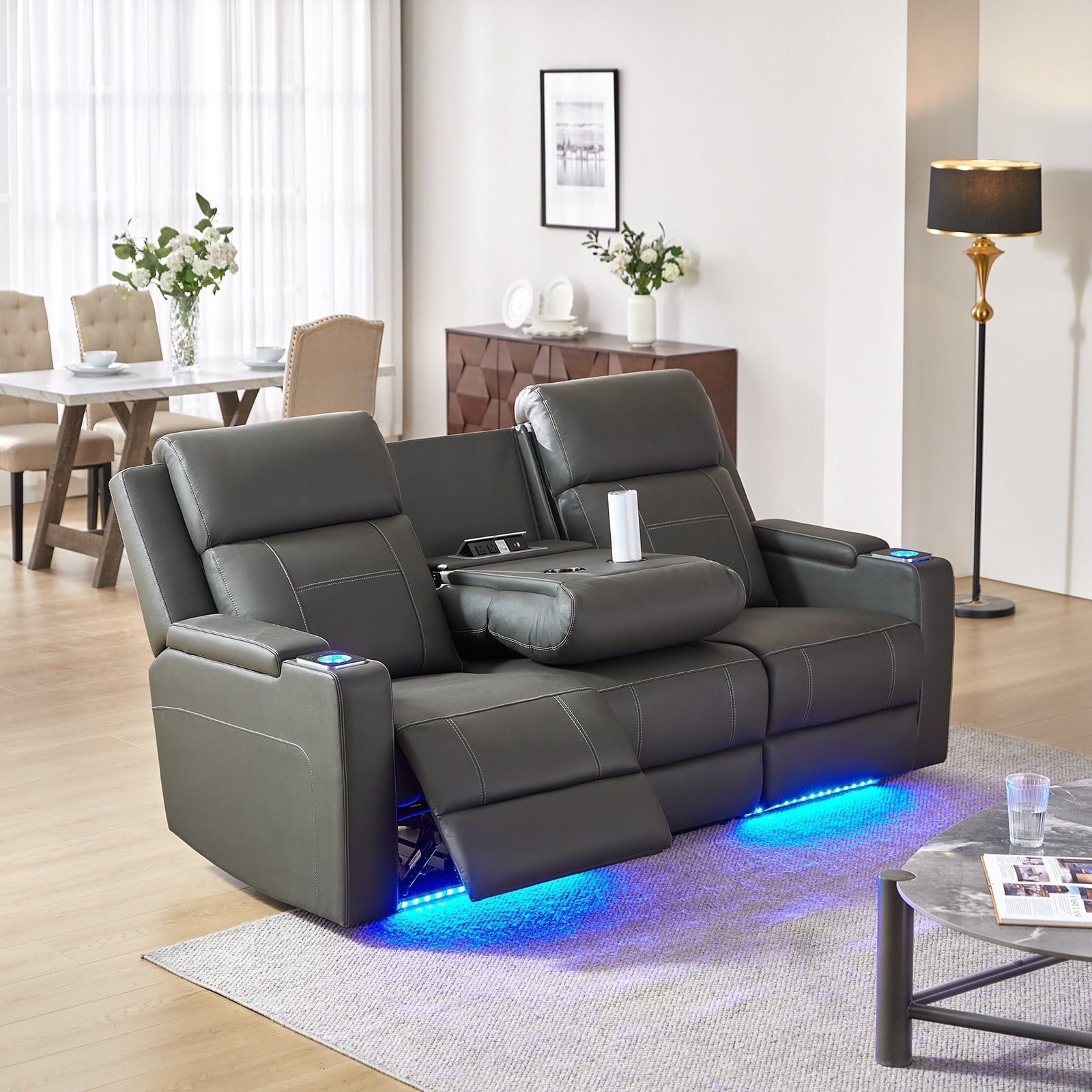 Canapé inclinable électrique Dolores 82,5 pouces de large en cuir véritable avec rangement et porte-gobelet par HULALA HOME