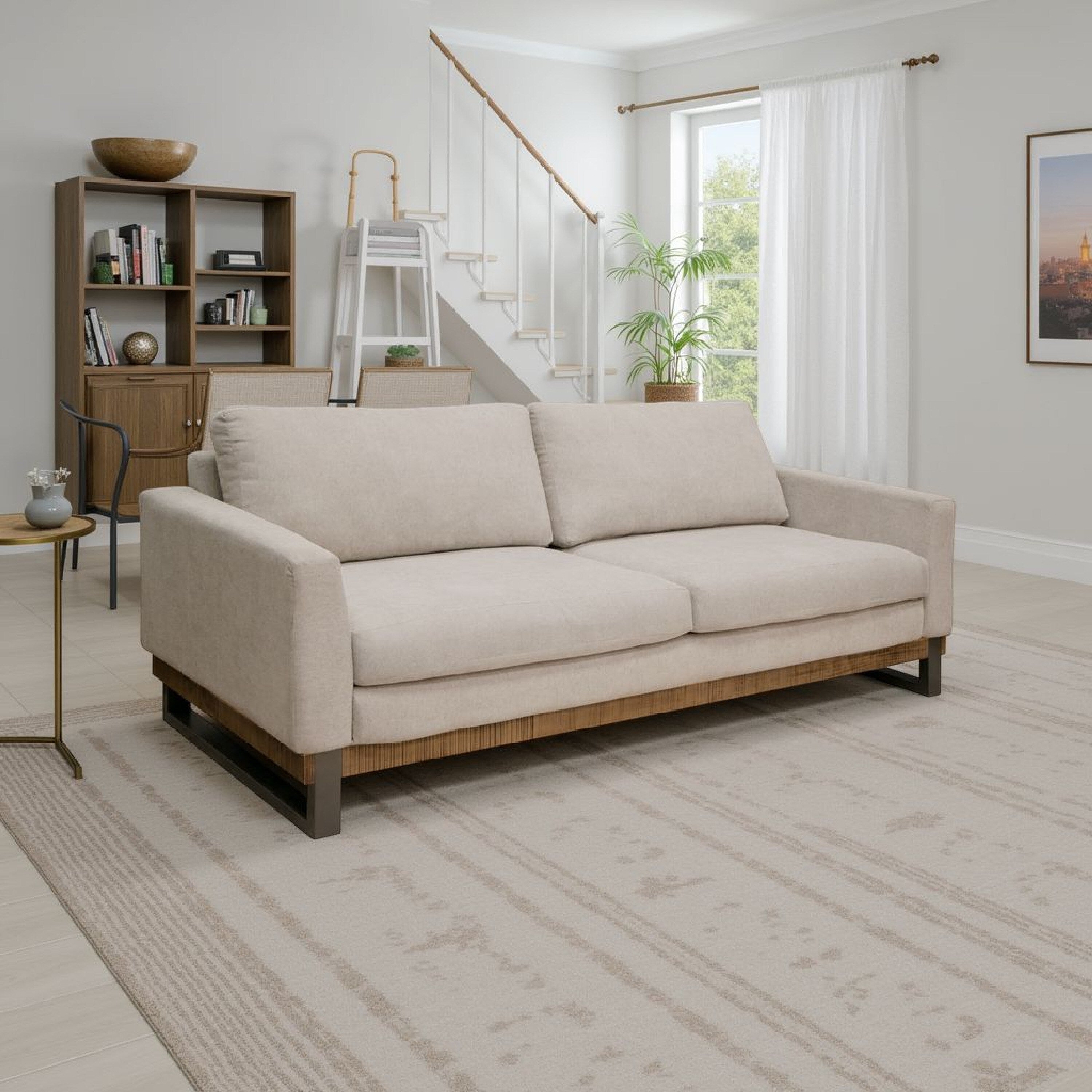 Canapé dôme avec 2 coussins décoratifs, 86 pouces, pin massif, polyester beige