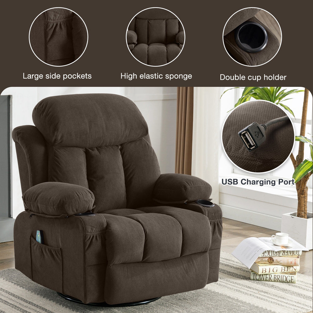 Fauteuil inclinable chauffant de massage en velours à pois avec base pivotante à 360°