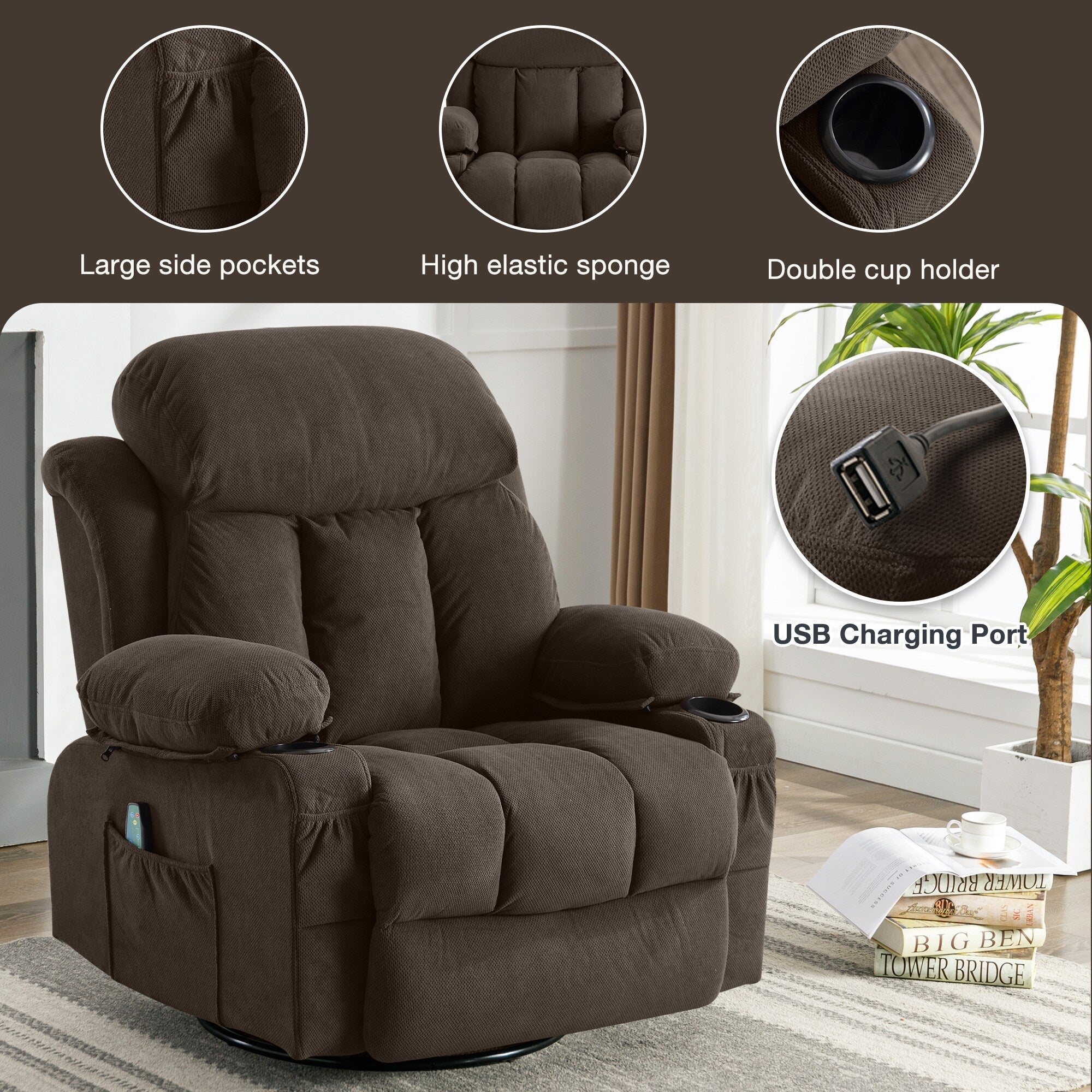 Fauteuil inclinable chauffant de massage en velours à pois avec base pivotante à 360°