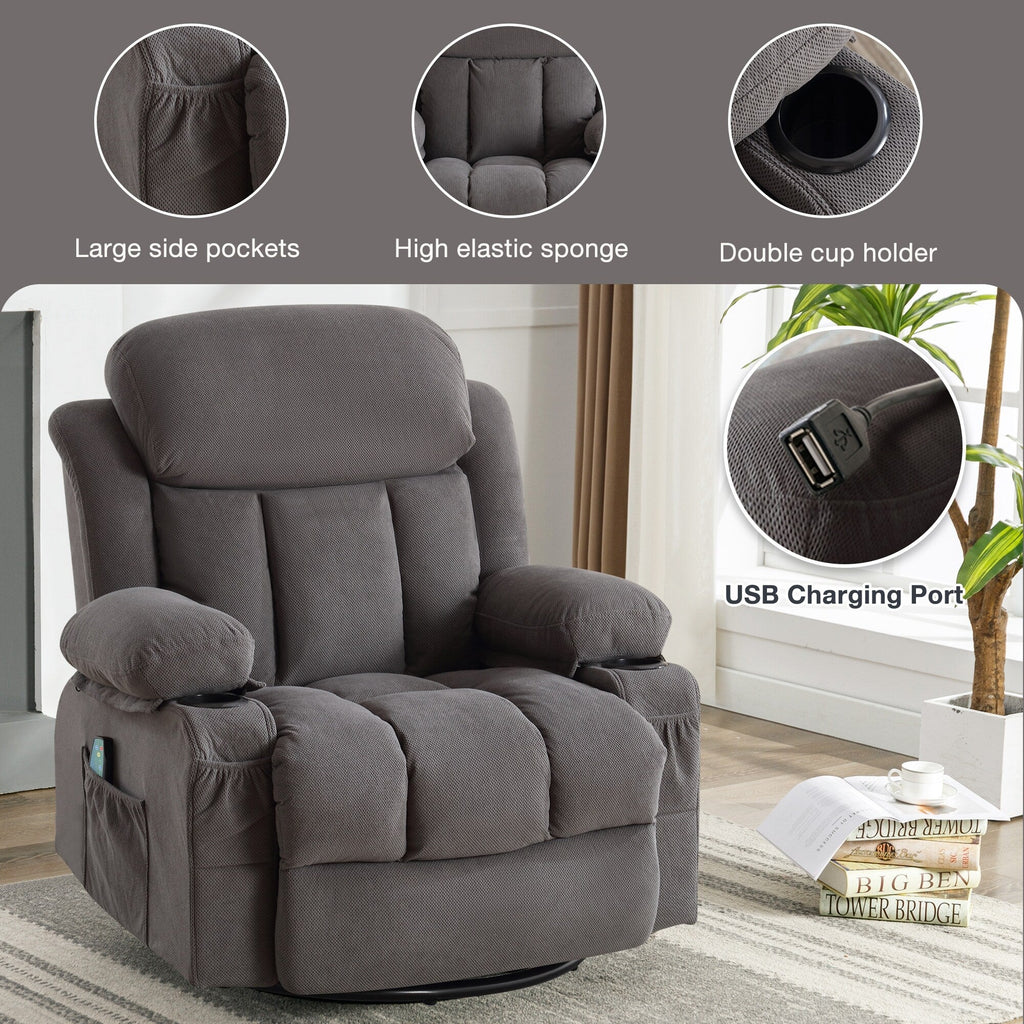 Fauteuil inclinable chauffant de massage en velours à pois avec base pivotante à 360°