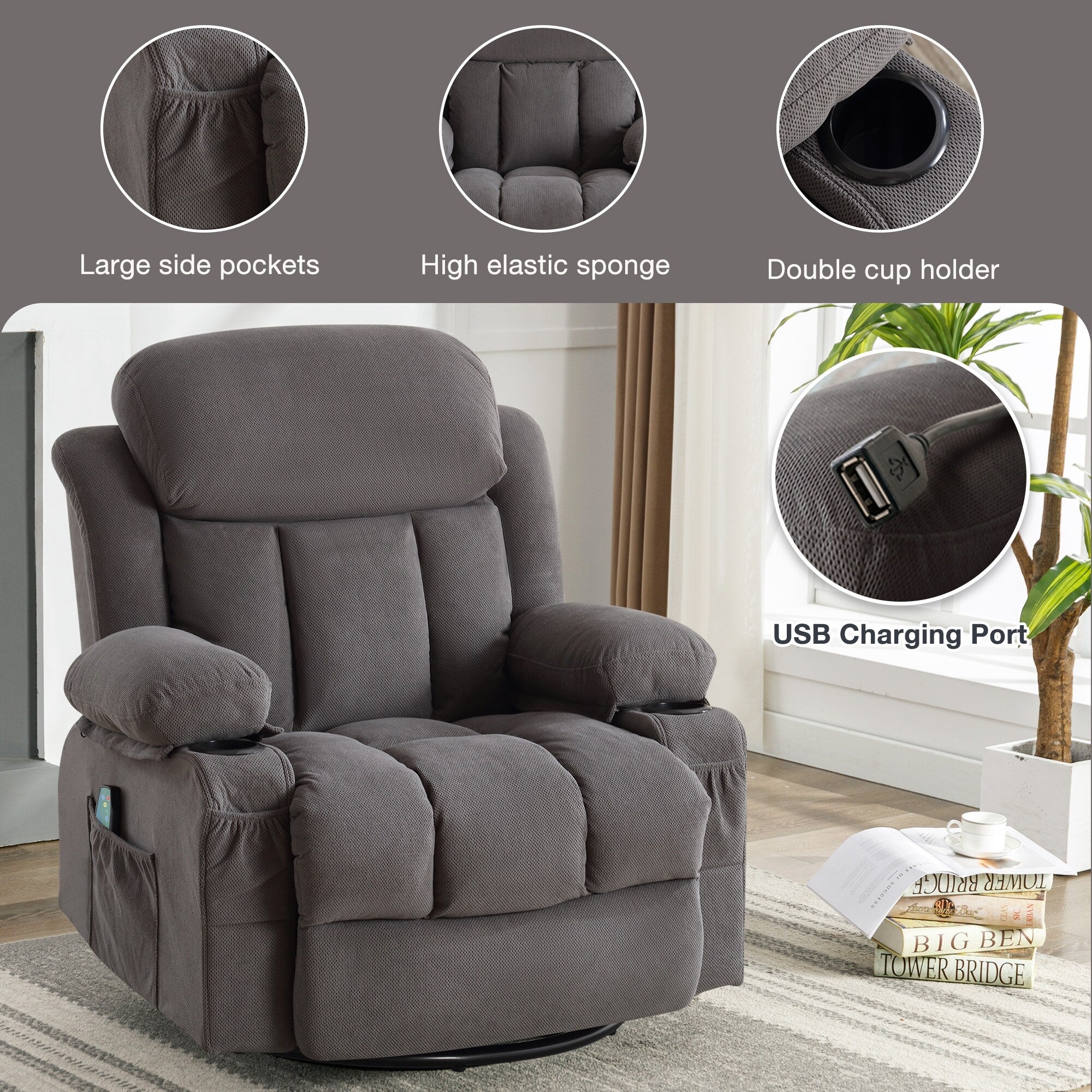 Fauteuil inclinable chauffant de massage en velours à pois avec base pivotante à 360°