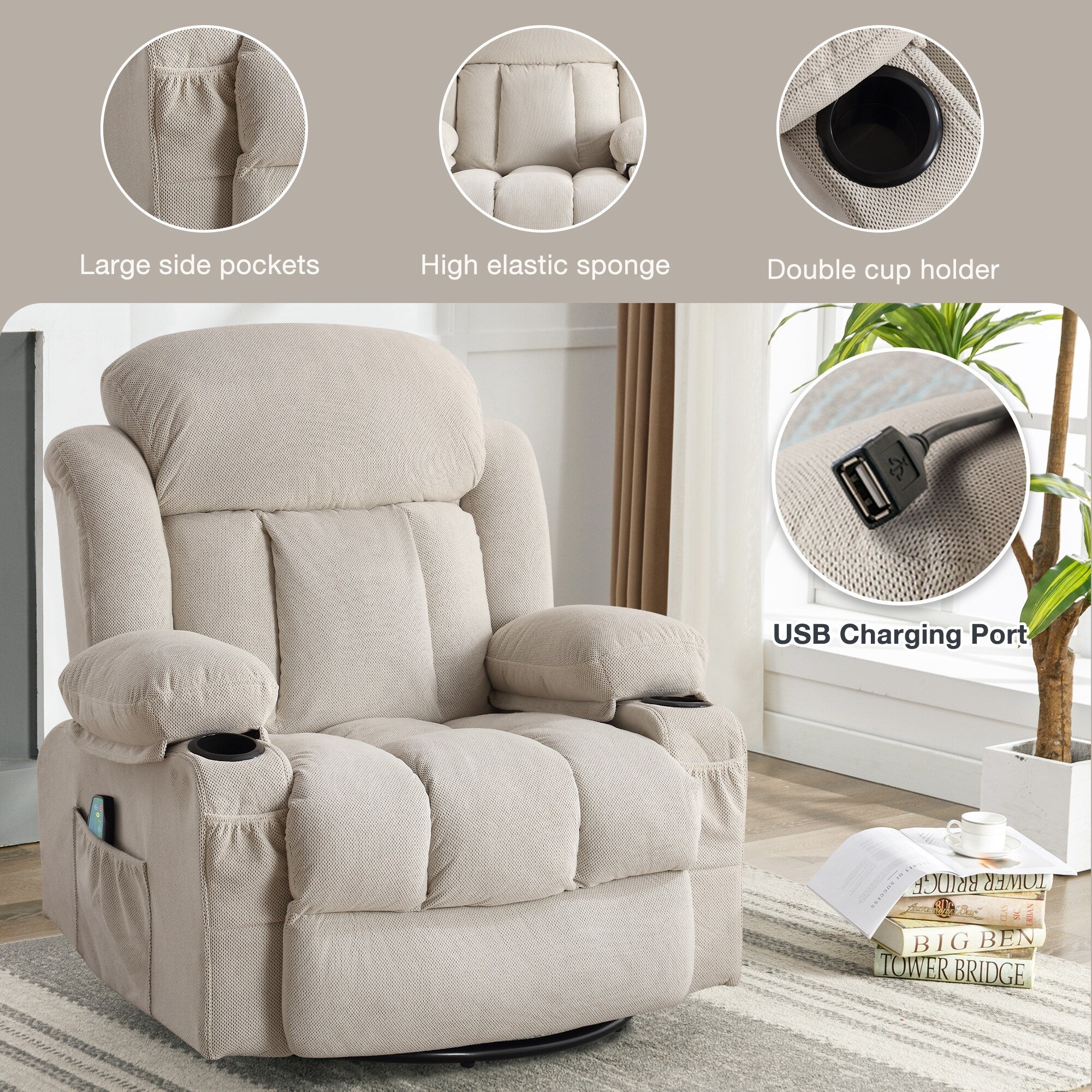 Fauteuil inclinable chauffant de massage en velours à pois avec base pivotante à 360°