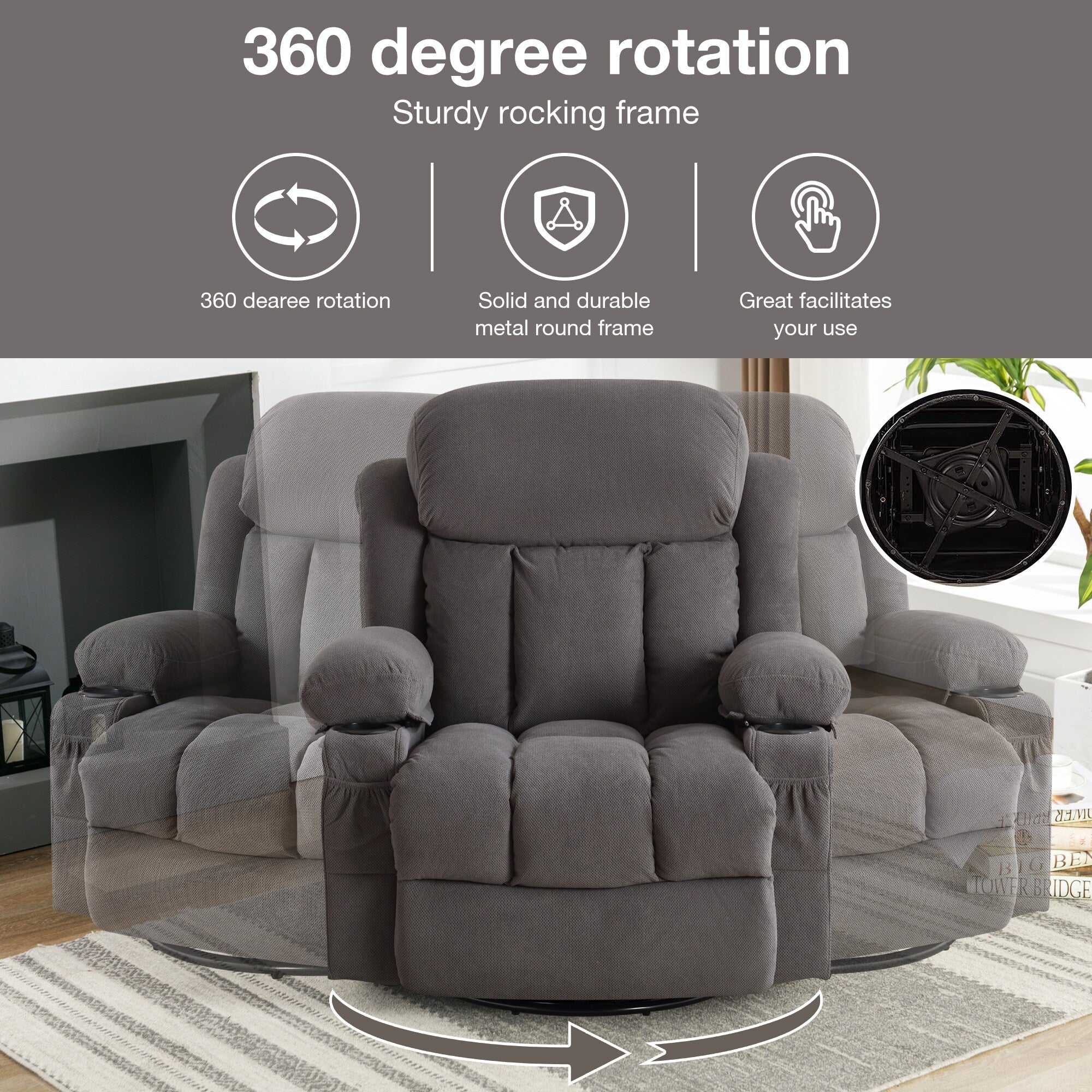 Fauteuil inclinable chauffant de massage en velours à pois avec base pivotante à 360°