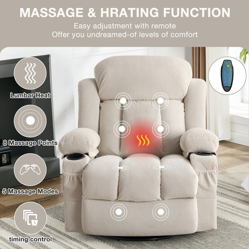 Fauteuil inclinable chauffant de massage en velours à pois avec base pivotante à 360°