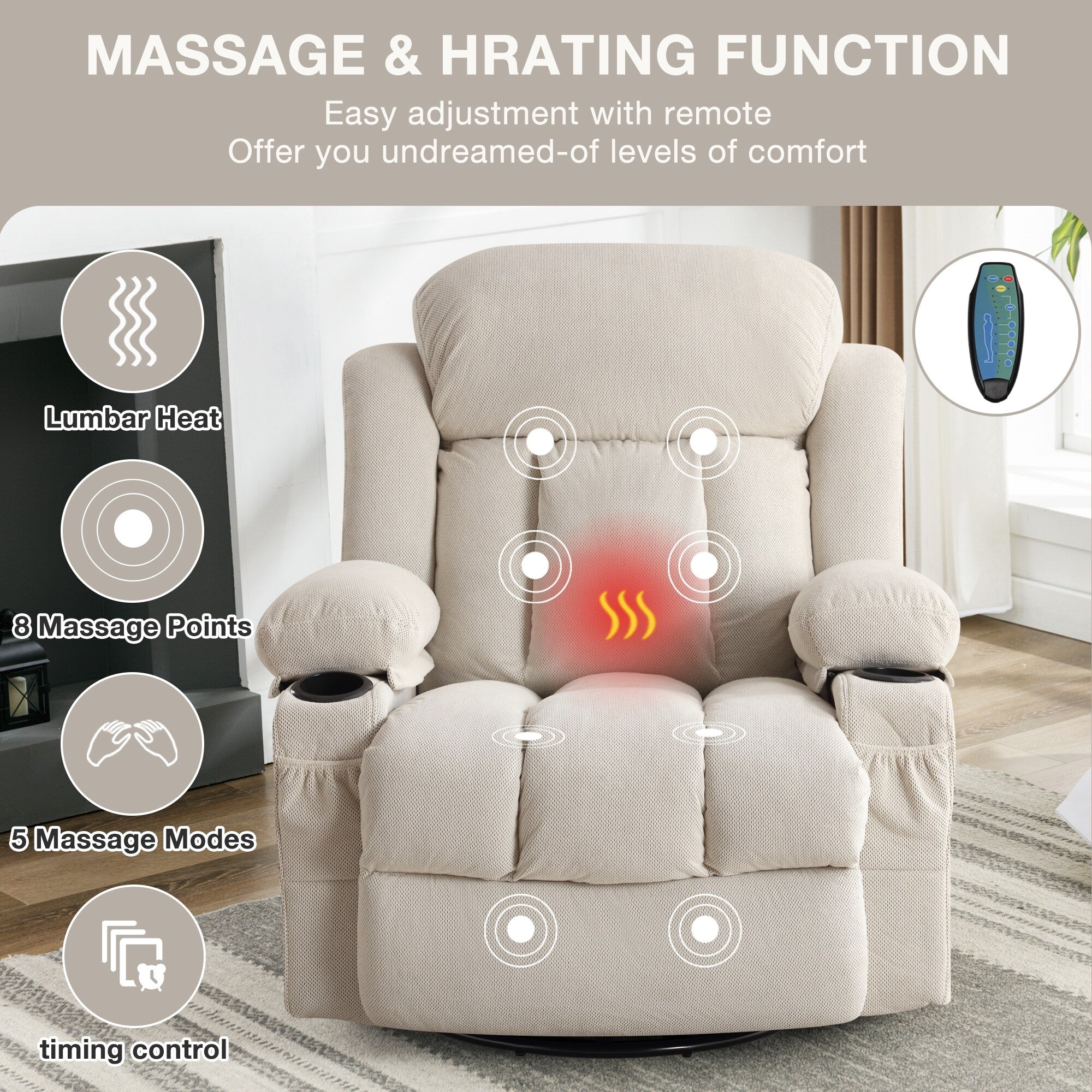 Fauteuil inclinable chauffant de massage en velours à pois avec base pivotante à 360°