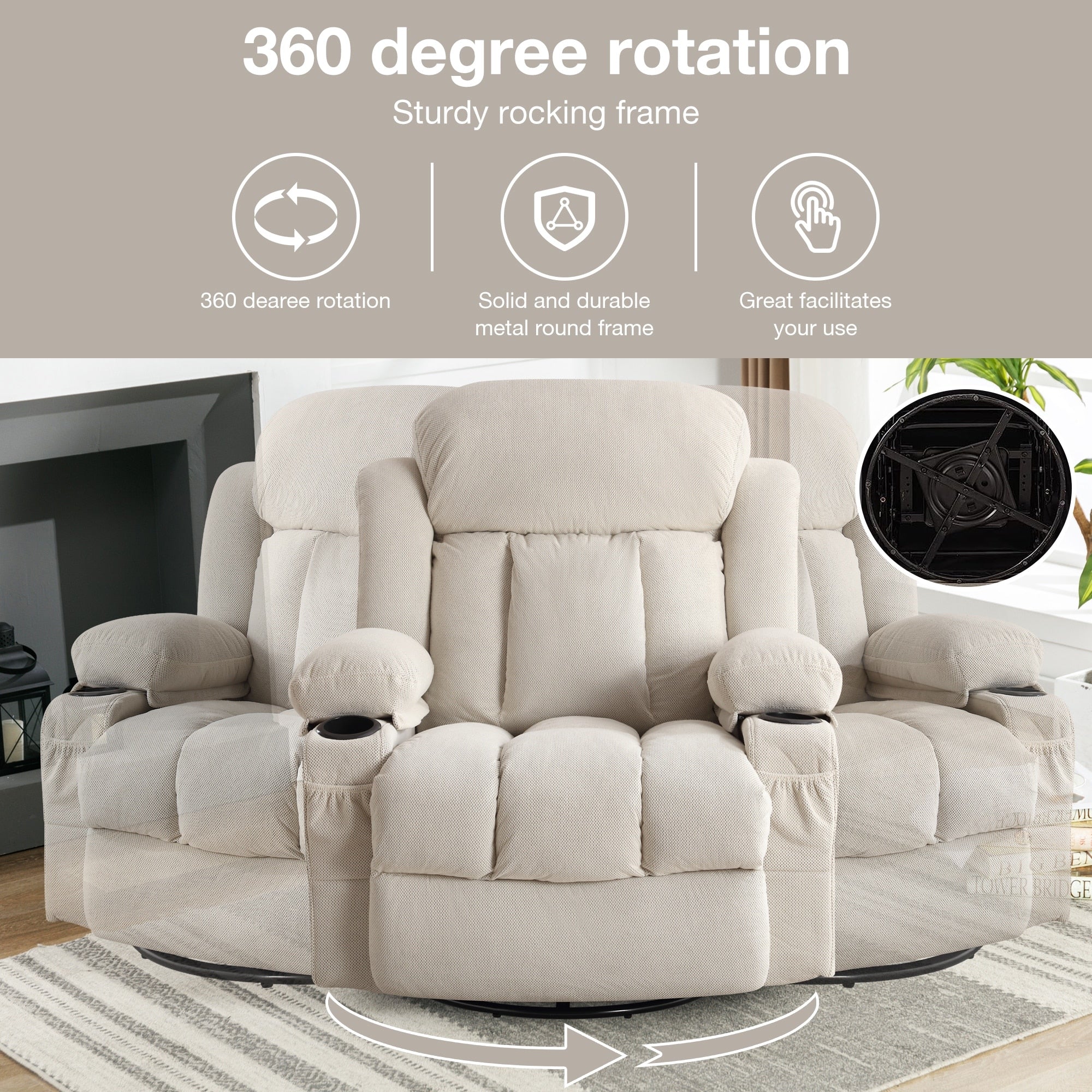 Fauteuil inclinable chauffant de massage en velours à pois avec base pivotante à 360°