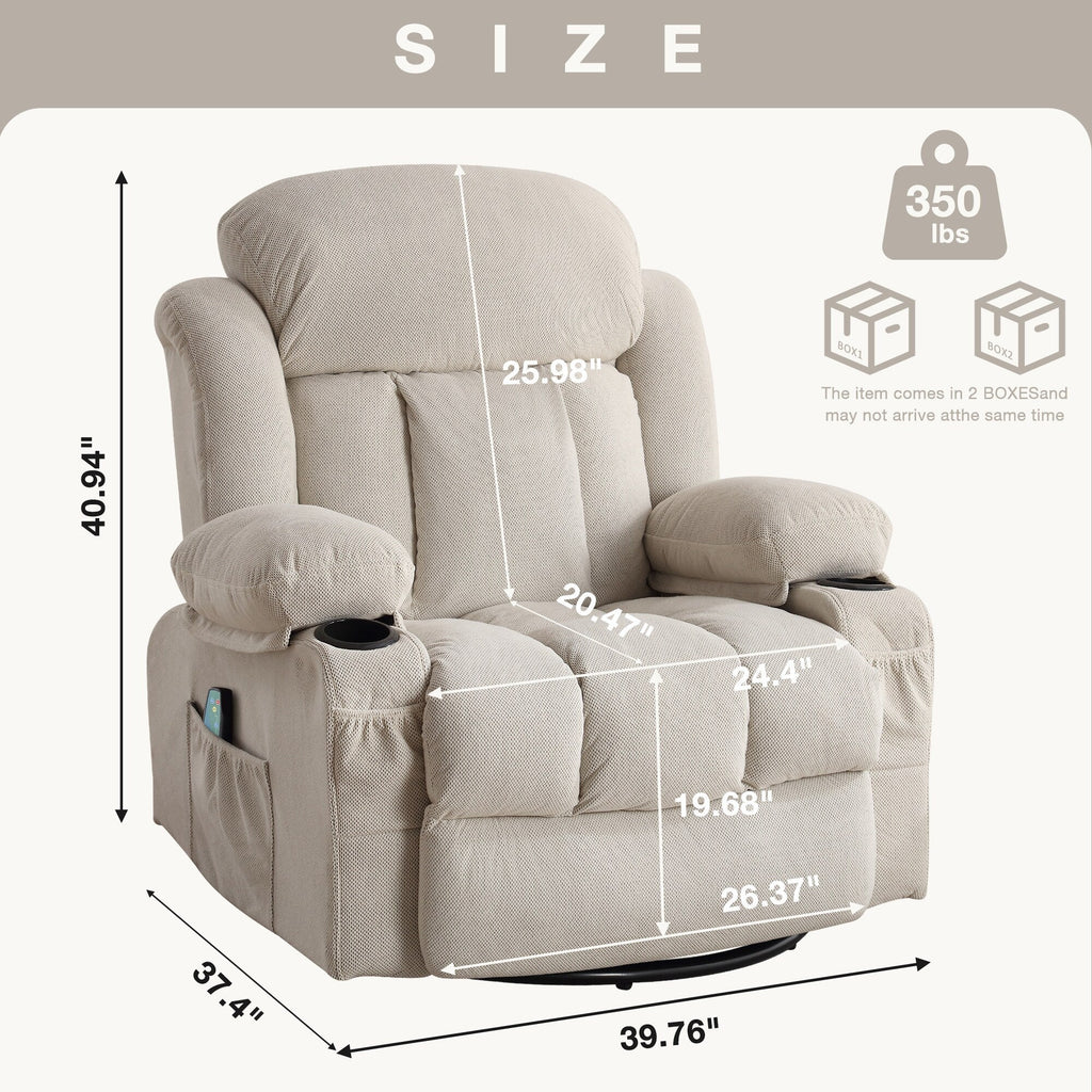 Fauteuil inclinable chauffant de massage en velours à pois avec base pivotante à 360°