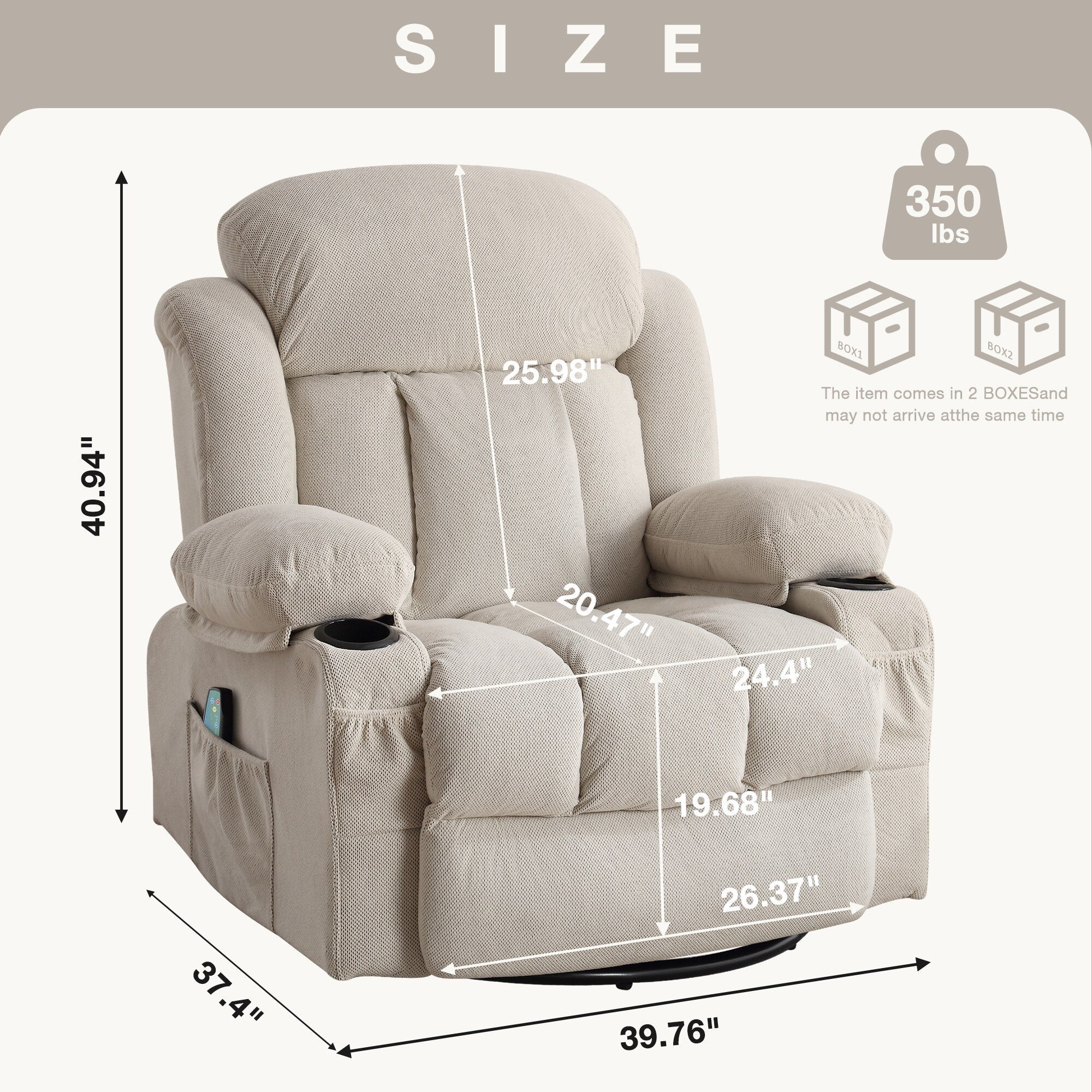Fauteuil inclinable chauffant de massage en velours à pois avec base pivotante à 360°