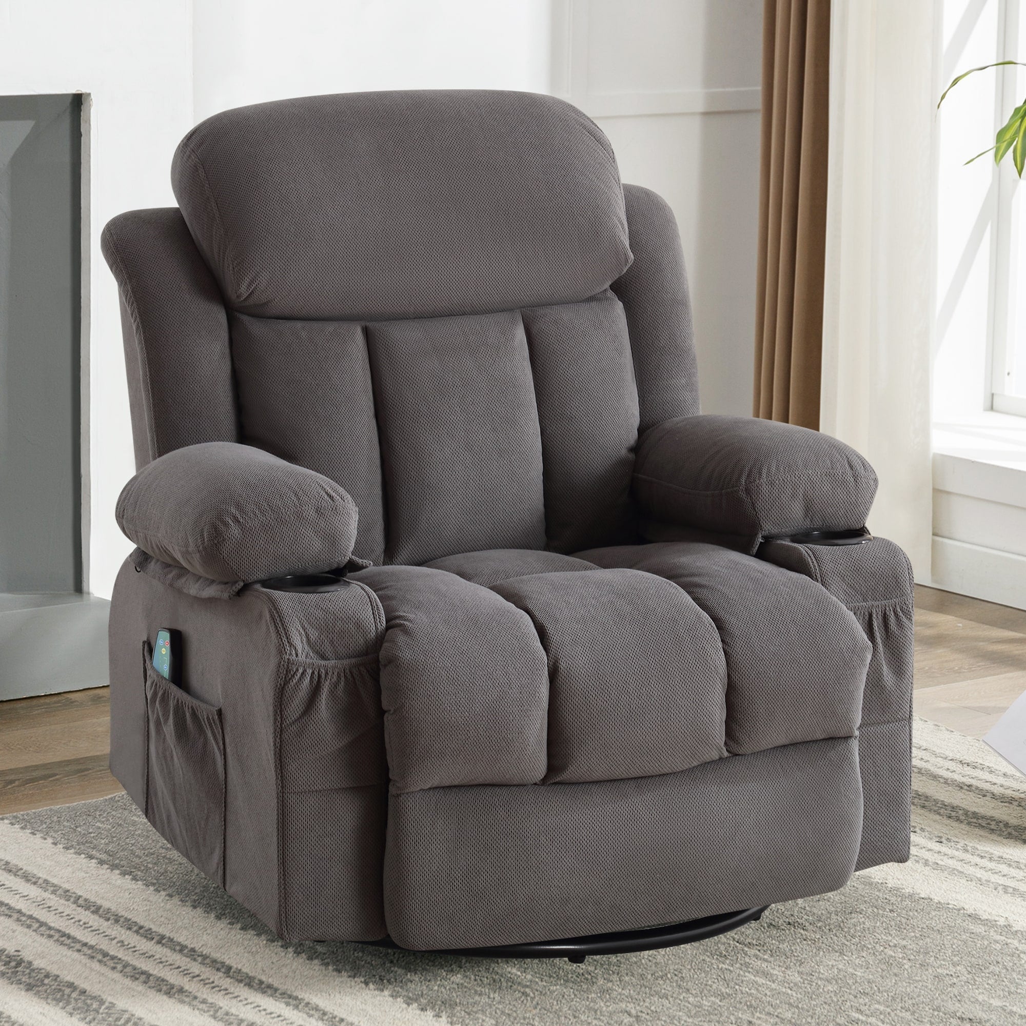 Fauteuil inclinable chauffant de massage en velours à pois avec base pivotante à 360°